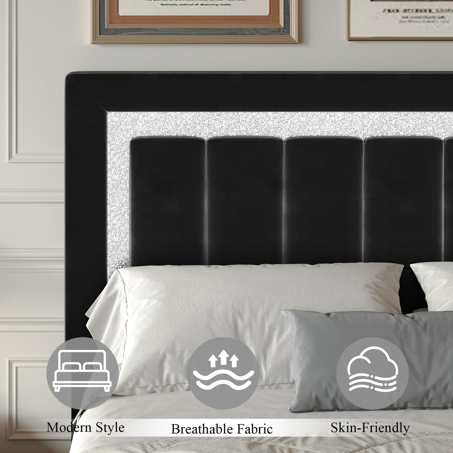 HOMBCK Twin Bed Frame with Headboard and Footboard, Upholstered Bed with Diamond Velvet Design, Kids Bed Frame with Wooden Slats Support, No Box Spring Needed, Easy Assembly, Black