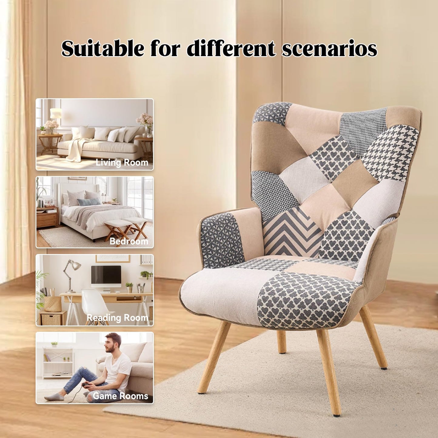 Joysoul Living Room Accent Chair Modern High Back Arm Chair, Grey Plaid Chairs for Bedroom Waiting Room