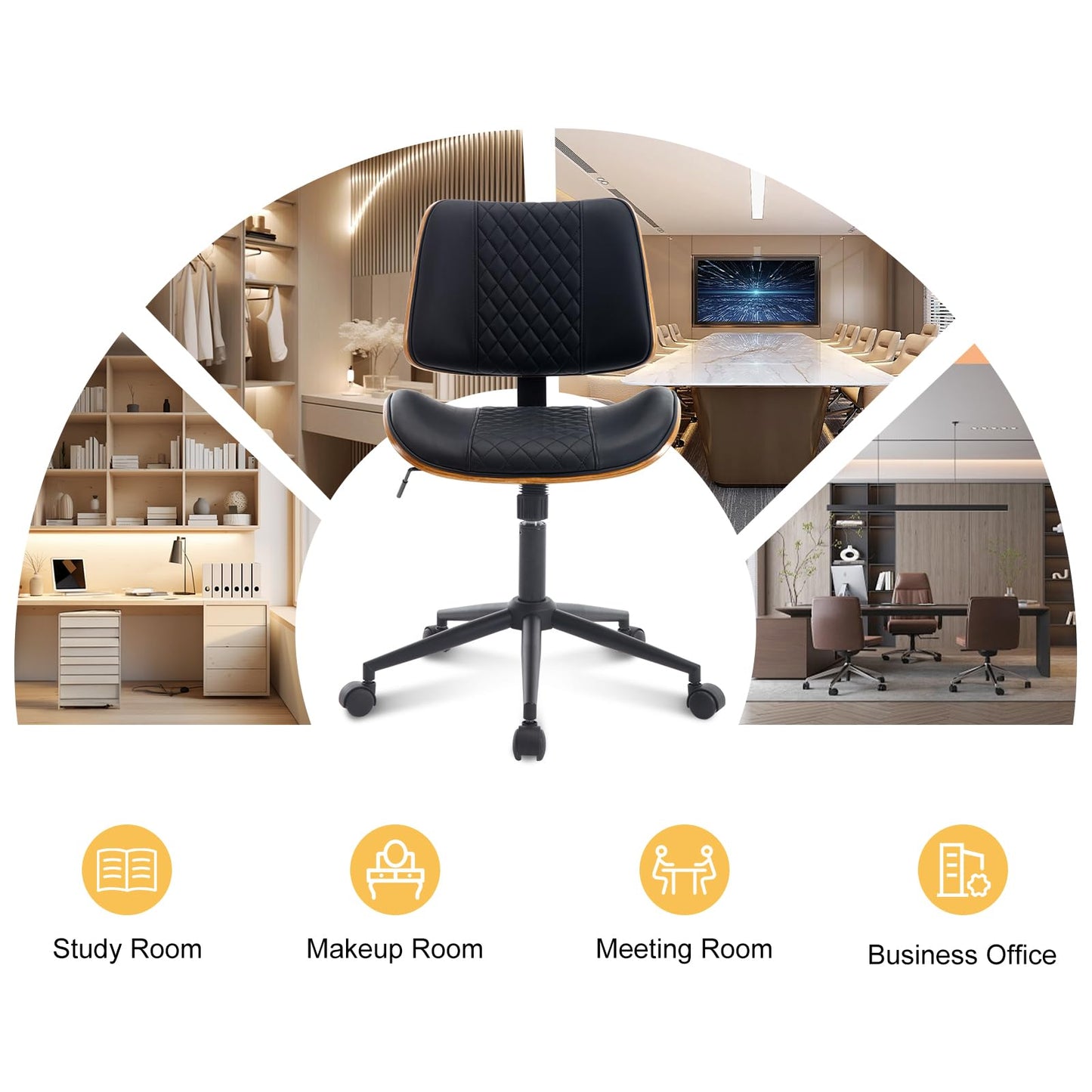 BV Small Desk Chair, Mid Century Office Chair with Bentwood Back, Armless Task Swivel Chair with Wheels, Mid Back No Arms, Faux Leather Office Chairs for Small Space, Black
