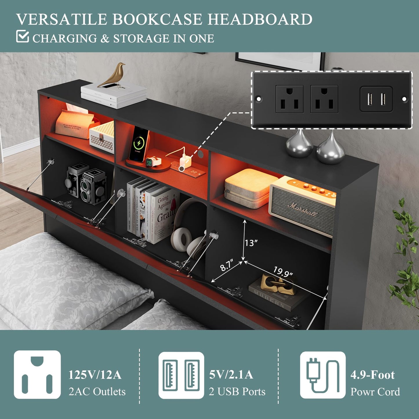 Modern Black Queen Size Bed Frame with 4 Storage Drawers, 48" Tall Storage Headboard with Charging Station, Platform Bed with LED Lights, No Box Spring Needed, Easy Assembly