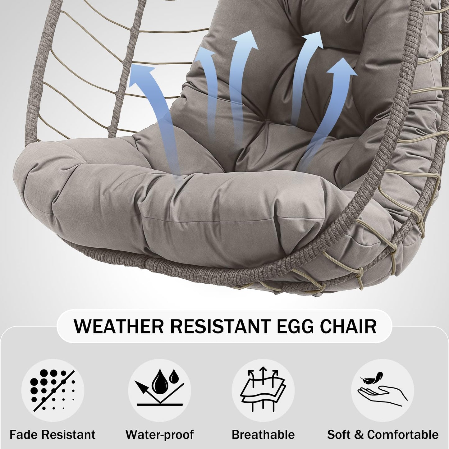 Hanging Egg Chair with Stand, Outdoor Patio Rattan Wicker Swing Egg Chair, Outdoor Indoor Hammock Chair for Porch, Living Room, Poolside and Balcony, 350LBS Capacity, Light Grey