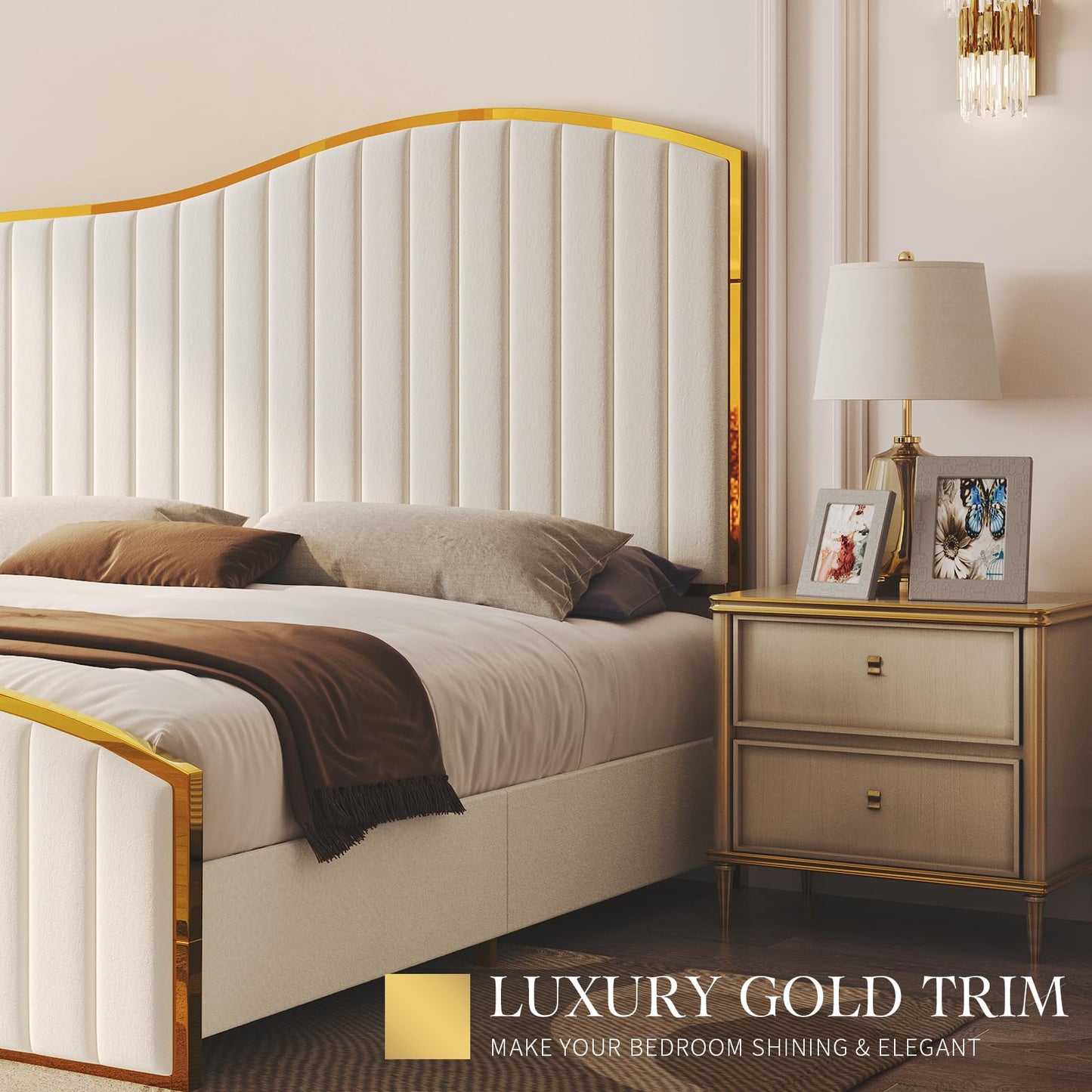 AMERLIFE Queen Size Bed Frame, 61.4" High Headboard Platform Bed Velvet Upholstered with Gold Trim & Footboard/Wooden Slats/No Box Spring Required/Cream