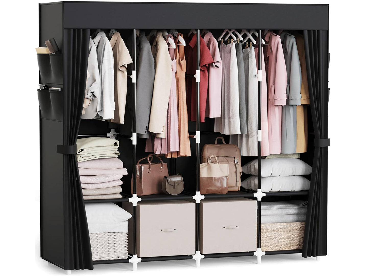 Mavivegue Clothes Organizer with 4 Hanging Rods, Portable Closet Wardrobe, Non-Woven Fabric Cover, Large Capacity Storage for Bedroom and Living Room,Black