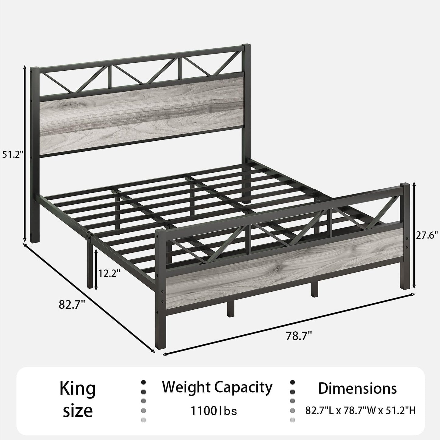 King Size Bed Frame, Industrial King Bed Frame and 51.2" Tall Headboard, King Platform Bed Frame with Strong Steel Slats Support, Noise Free, No Box Spring Needed, Easy Assembly, Rustic Brown