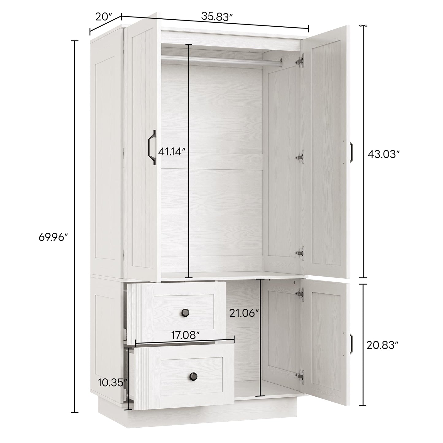 LIKIMIO Farmhouse Wardrobe Closet with Doors, 70" Bedroom Armoires with LED Lights and Hanging Rod, Wooden Large Wardrobe Cabinet with 2 Drawers and 1 Cabinet, Classic White
