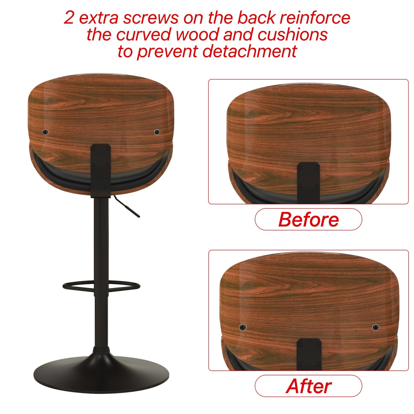 KCC Bar Stools Set of 2, Swivel Adjustable Height Barstools, PU Leather Upholstered Bar Chairs with Footrest, Bentwood Bar Stool for Kitchen, Bar, Dining Room(Black PU)