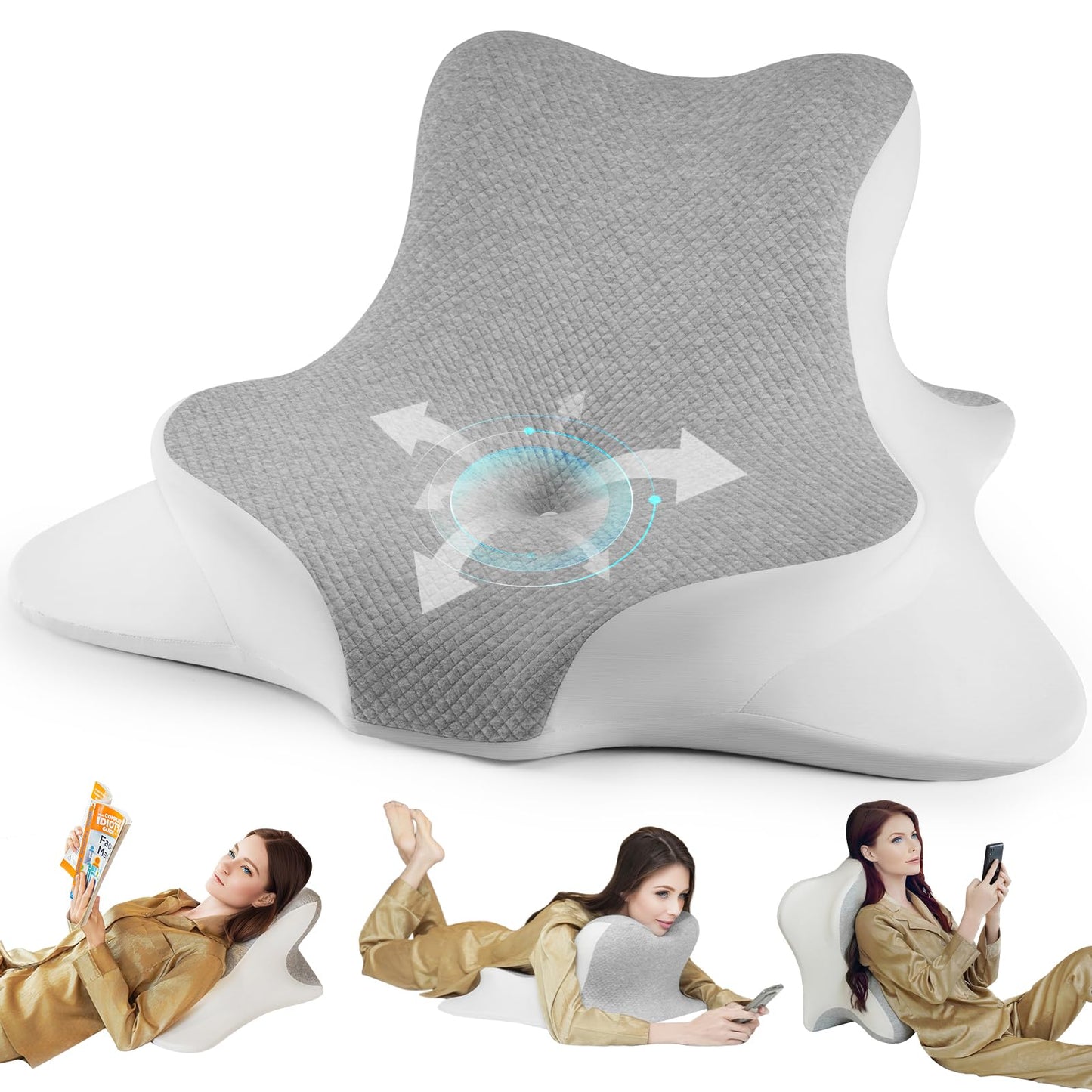 WOGAHEV Reading Pillow for Bed, Lying, Leaning and Prone, Ergonomic Memory Foam Bed Wedge Pillow for Headboard, Chin & Back Support Pillows on Bedrest Couch Floor- Grey