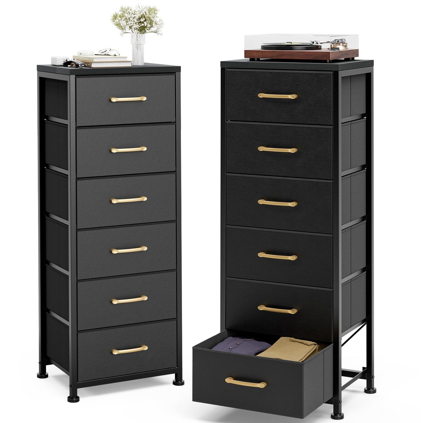 AOVSA Tall Dresser with 6 Drawers, Chest of Drawers with Fabric Bins, Storage Organizer Tower with Wood Top & Steel Frame for Bedroom, Living Room and Entryway - Black
