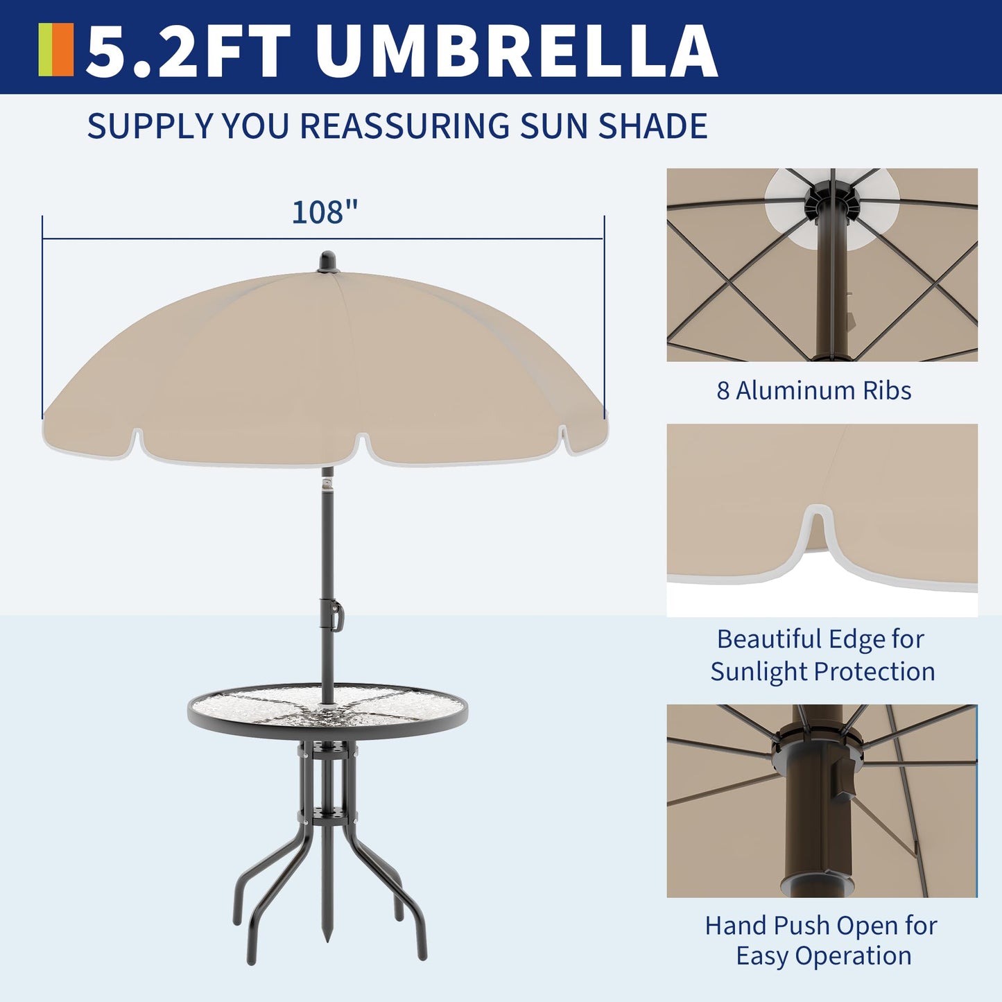 Patio Dining Set for 4 With Umbrella, Outdoor Furniture Set With 4 Folding Dining Chairs, Outdoor Table Umbrella Set With Tempered Glass Top Dinings Table