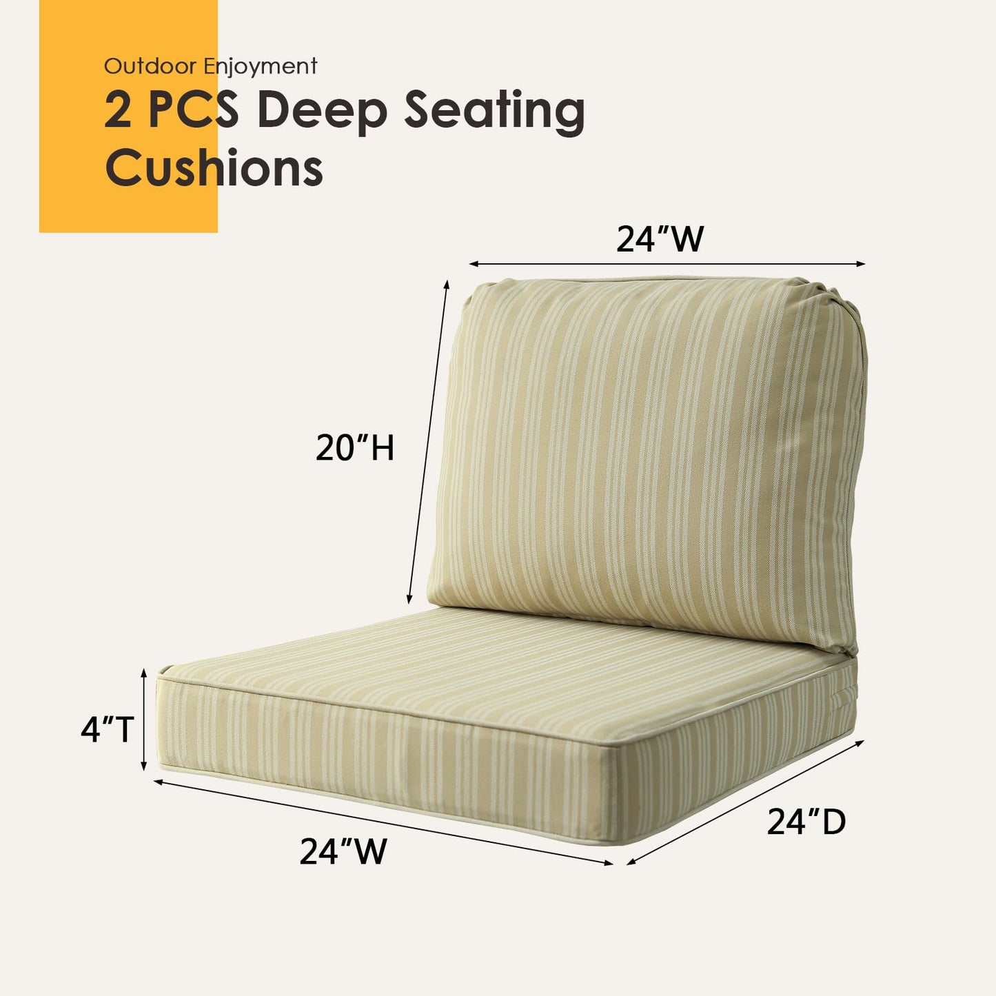 Supdurplus Outdoor Cushions for Patio Furniture Set of 2, 24"x24" Water Repellent Chair Cushions Removable Seat Bottom & Back Cushion Covers for Chair, Sofa, Couch, Beige Brown Stripe