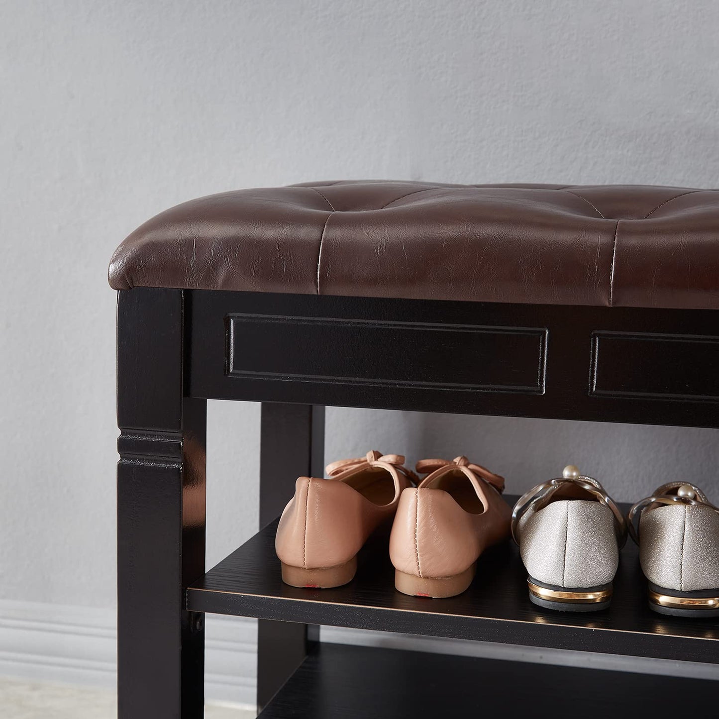 ZIRKOOON Shoe Storage Bench, Entryway Shoe Rack with Fiberleather Seat 2-Tier Lift Top Organizer Wooden Shoe Bench for Entryway Hallway Living Room (Black 31.5x13.8x18.9'')