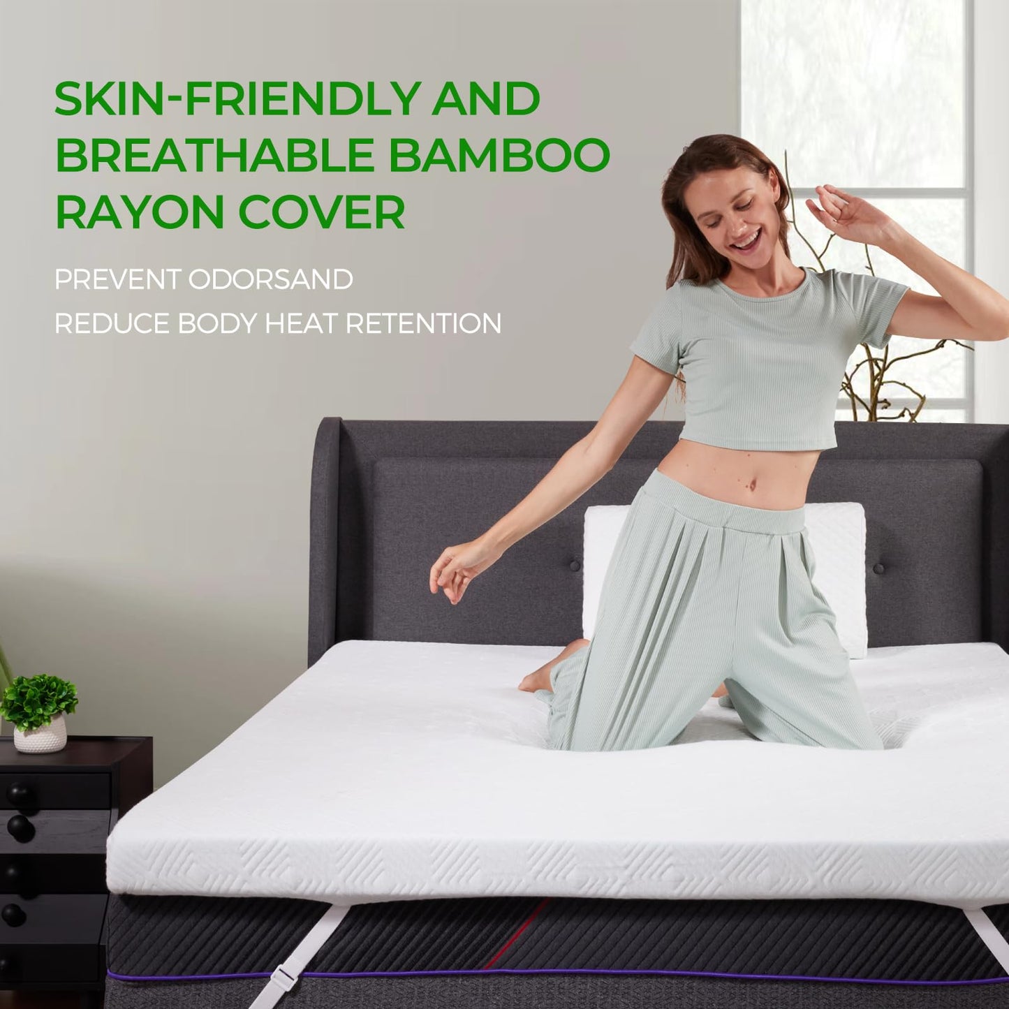 Susalt 3 Inch Queen Memory Foam Mattress Topper, Bamboo Fiber Washable Cover, Gel Mattress Topper Pressure Relief Bed Topper, Adjustable Corner Straps, CertiPUR-US Certified
