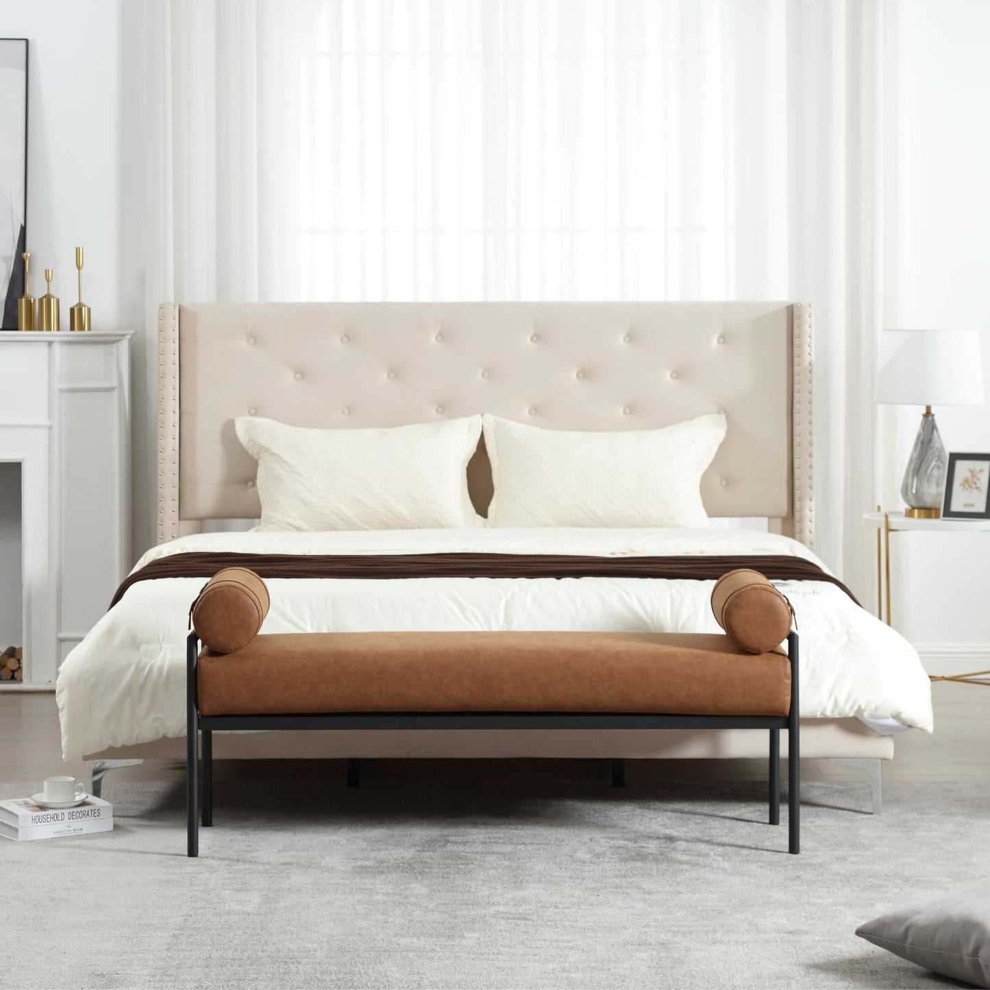 ROCITY Leather Bed Bench 55 Inch Long Bedroom Bench Padded Upholstered Ottoman Bench with Removable Pillows Modern Rectangle Entryway Bench Seat for Living Room/Foyer, Brown