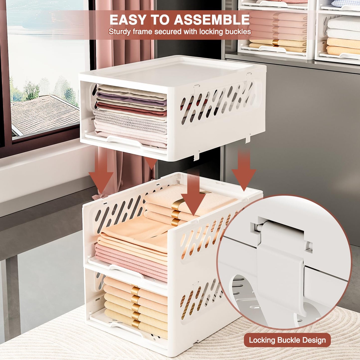 HYBRIDEAS Stackable Closet Organizer Box with lid Plastic Drawer Storage for Armoire and Wardrobe, Foldable Clothes and Towel Storage Basket Bins for Kitchen, Bedroom, Bathroom, Laundry Room, Clothing