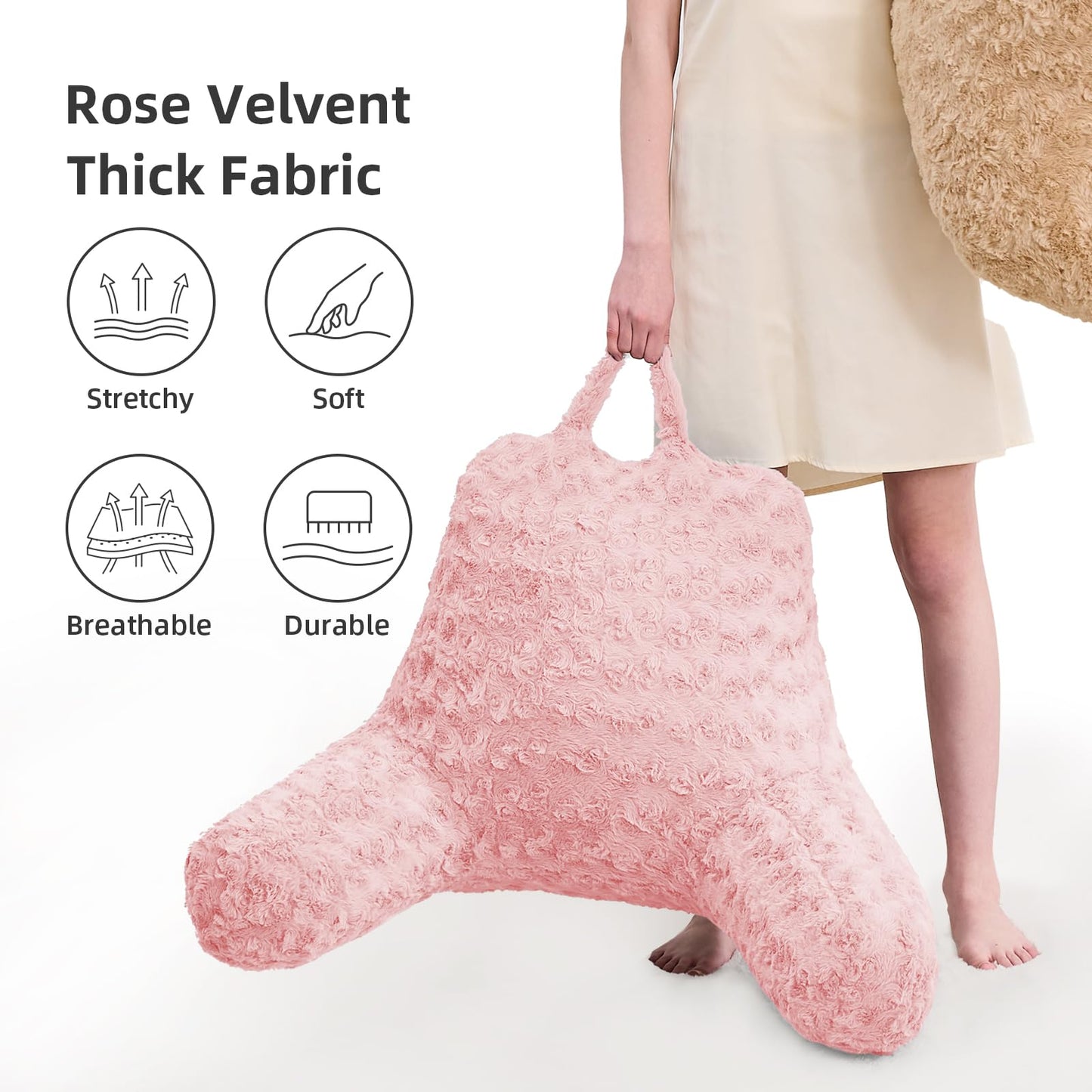 MUFEW Reading Pillow,Rose Velvet Back Pillow with Arms for Bed Sitting Up,Bed Pillow for Adult Children,Backrest Pillows with Washable Cover, Chair Pillow for Watching TV/Gaming/Relaxing (Pink)