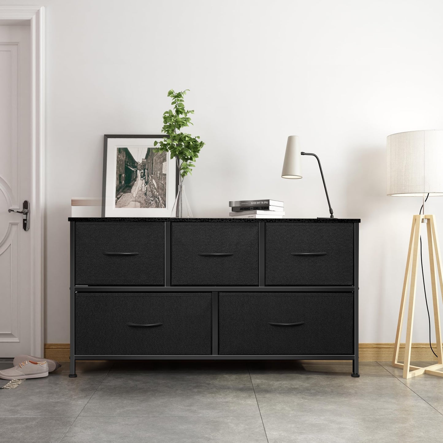 Sonharlar Dresser for Bedroom with 5 Drawers, Chest of Drawers, Storage Drawers Organizer Unit, Black Wide Fabric Dresser with Fabric Bins for Closet, Living Room, Bedroom (Charcoal Black)