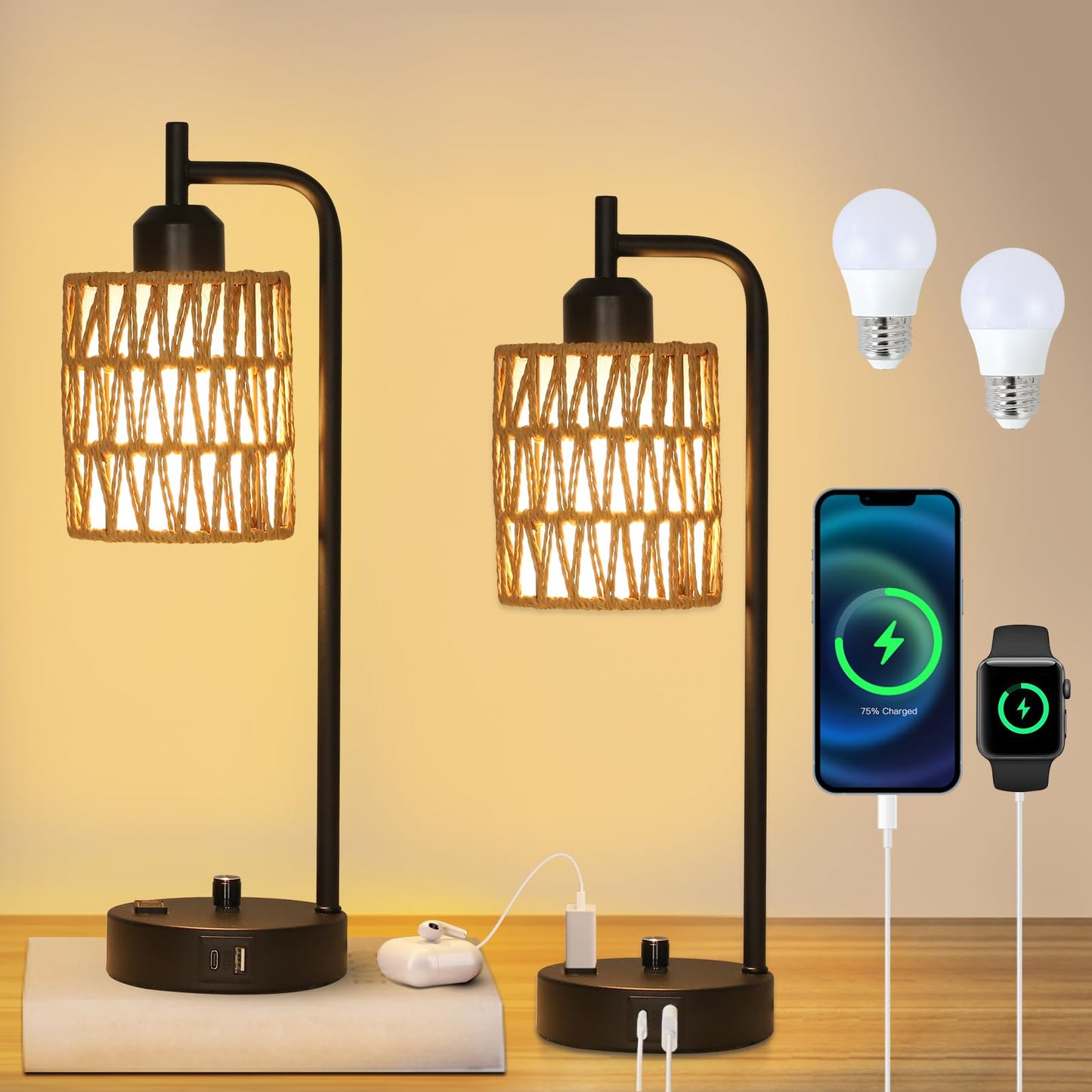Stepeak Rattan Table Lamps for Living Room Set of 2, Boho Bedside Lamps with LED Bulbs, USB Charging Ports and Outlet, Farmhouse Nightstand Lamp with Woven Shade, Black Desk Lamp for Bedroom Office