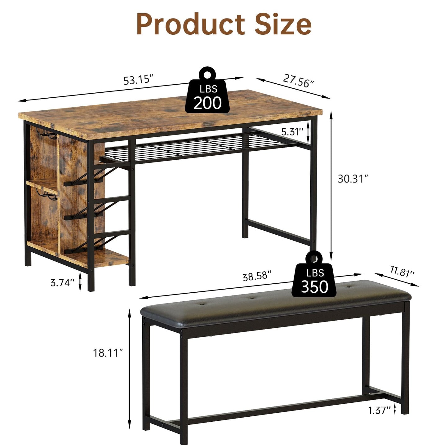 AWQM Space Saving Dining Table Set for 2-4 People, 53" Kitchen Table with 2 Upholstered Bench, Dinner Table with Wine Rack Glass Holder and Storage Shelf, 3-Piece Dinette Table for Small Apartment