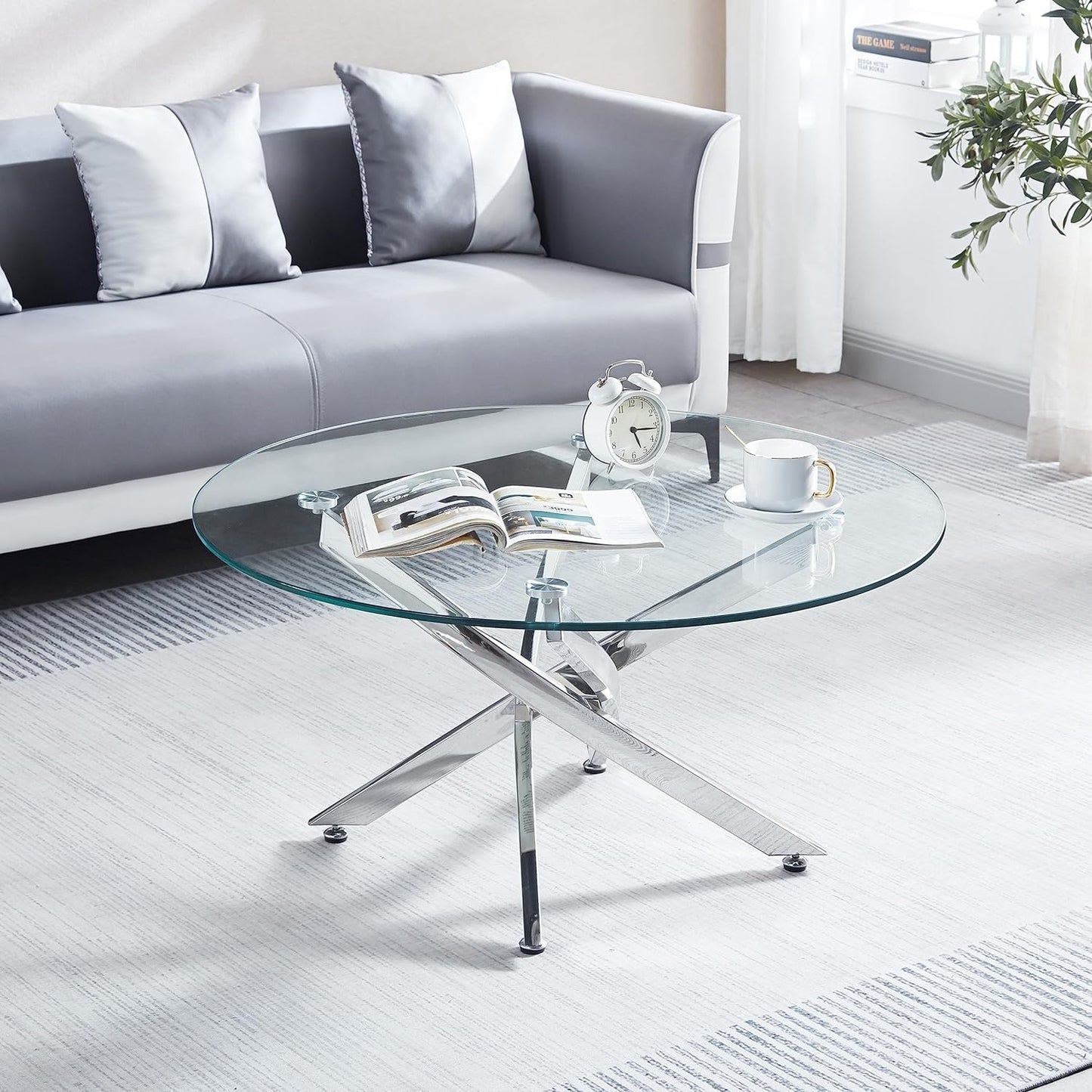 KUVADAZ Round Coffee Table with Silver Mirrored Stainless Steel Base, Tempered Glass Center Tables Modern Coffee Table, Clear Circular Living Room Cocktail Table for Home Office