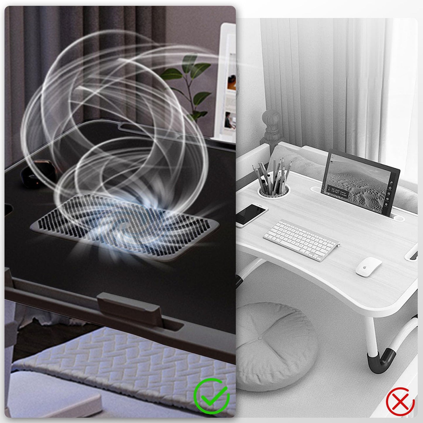 iXTRA Laptop Lap Desk with Cooling Fan - Adjustable with Light, USB, Storage Drawer - Folding Bed Desk,22.04"*12.59",Black