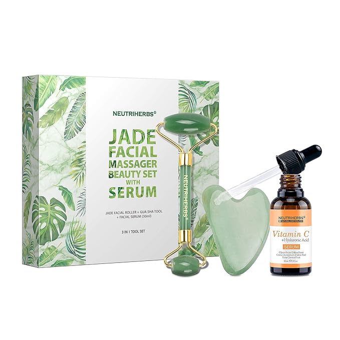 NEUTRIHERBS Jade Gua Sha & Face Roller & Vitamin C Serum Facial Tool Set(3 in 1 Kit), Home Face Massager for Wrinkle,Fine Line,Puffiness,Firm Smooth Relax Skin -- Green