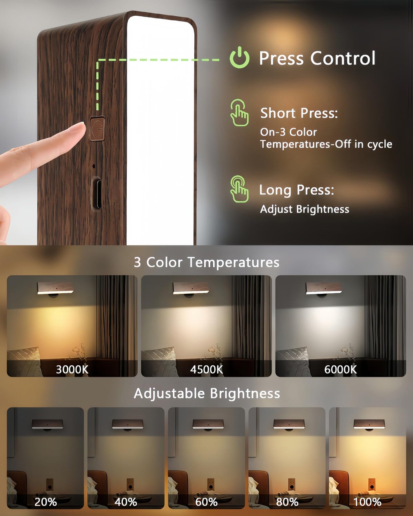 Battery Operated Wall Sconces Set of 2: Wireless Rechargeable Wall Light with Remote&Button, 360° Rotate Magnetic Scone Lighting LED Wall Mount Sconce Lamp for Bedroom Bedside Reading, Wood