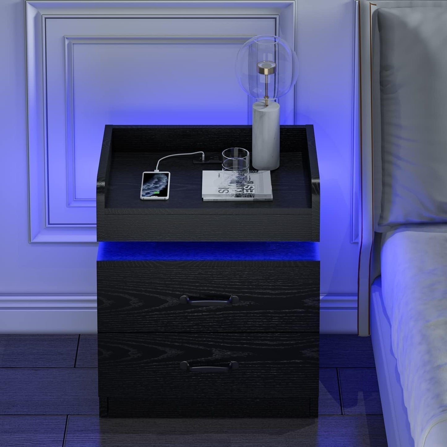 Nightstand with Charging Station, Night Stand with LED Lights, Modern Led End Table, Nightstands Set of 2, Night Stand with 2 Drawers, Bed Side Table with Storage for Living Room, Bedroom (2, Black)