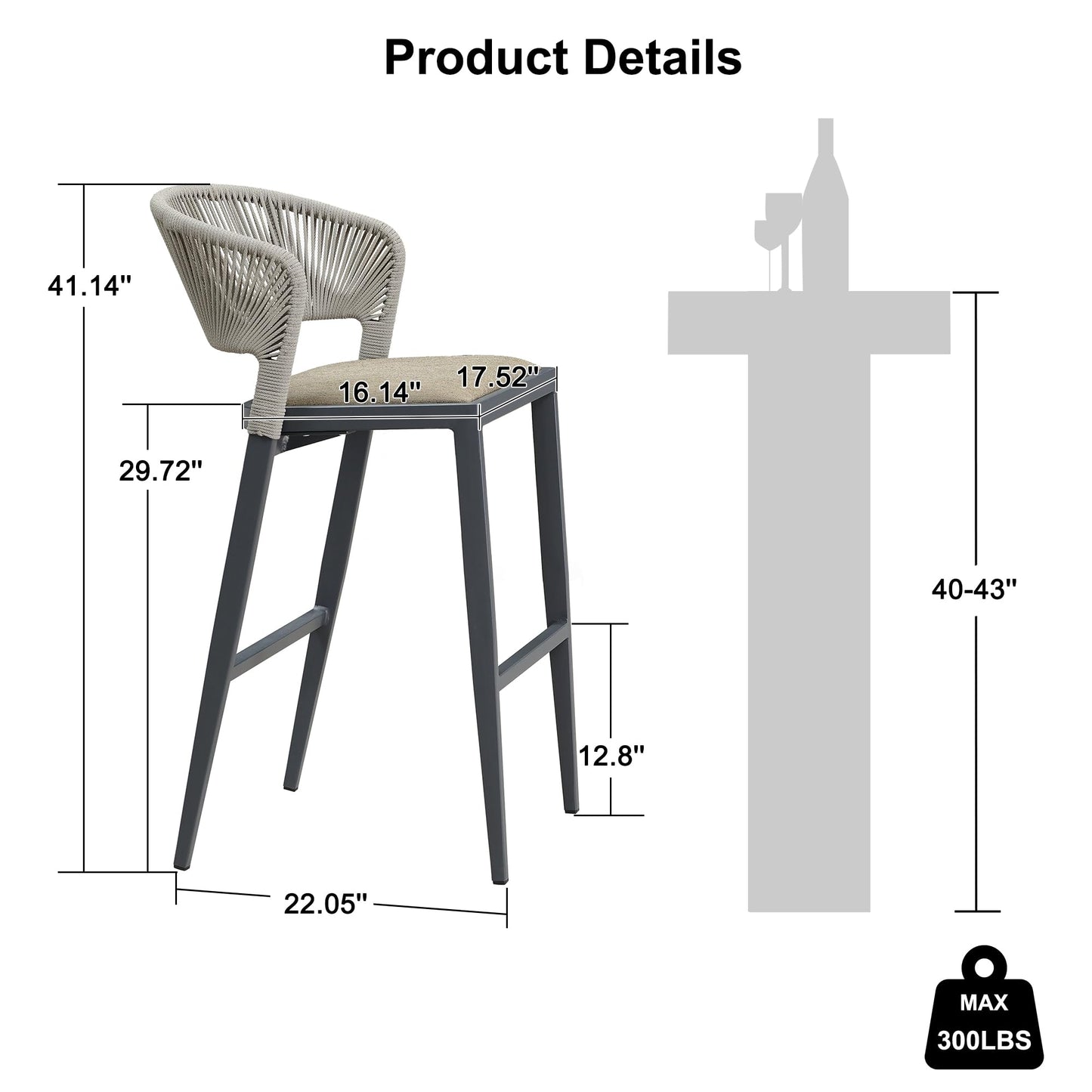 PURPLE LEAF Bar Stool Set of 2 Outdoor Bar Chairs with Backrest Bar Height Stools Rattan Stool Wicker Dark Gray Barstools