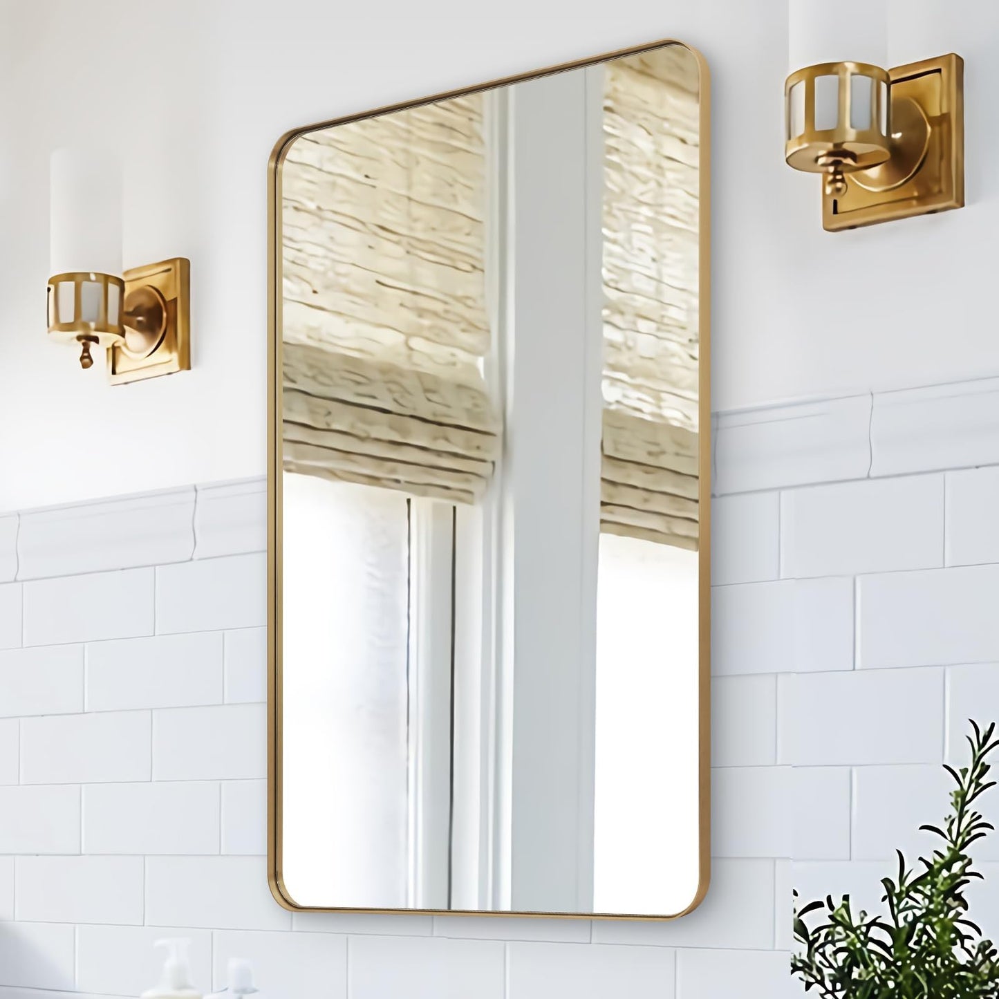 ANDY STAR 24x40 Inch Gold Bathroom Mirror, Stainless Steel Metal Frame with Rounded Corner, Rectangle Glass Panel Wall Mounted Mirror Decorative for Bathroom