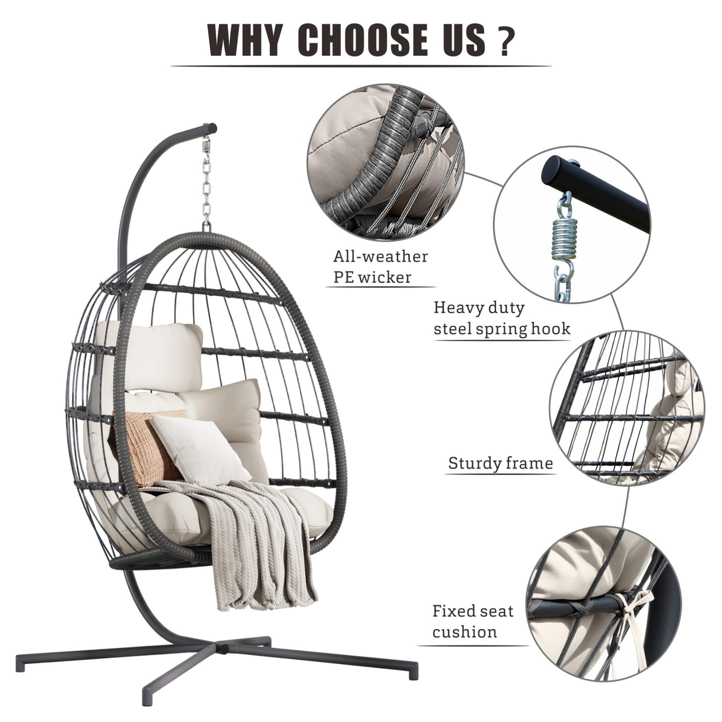 HWB Hanging Egg Chair with Stand, Patio Wicker Hammock Egg Swing Chair with Cushion for Bedroom Garden Indoor Outdoor (Beige)