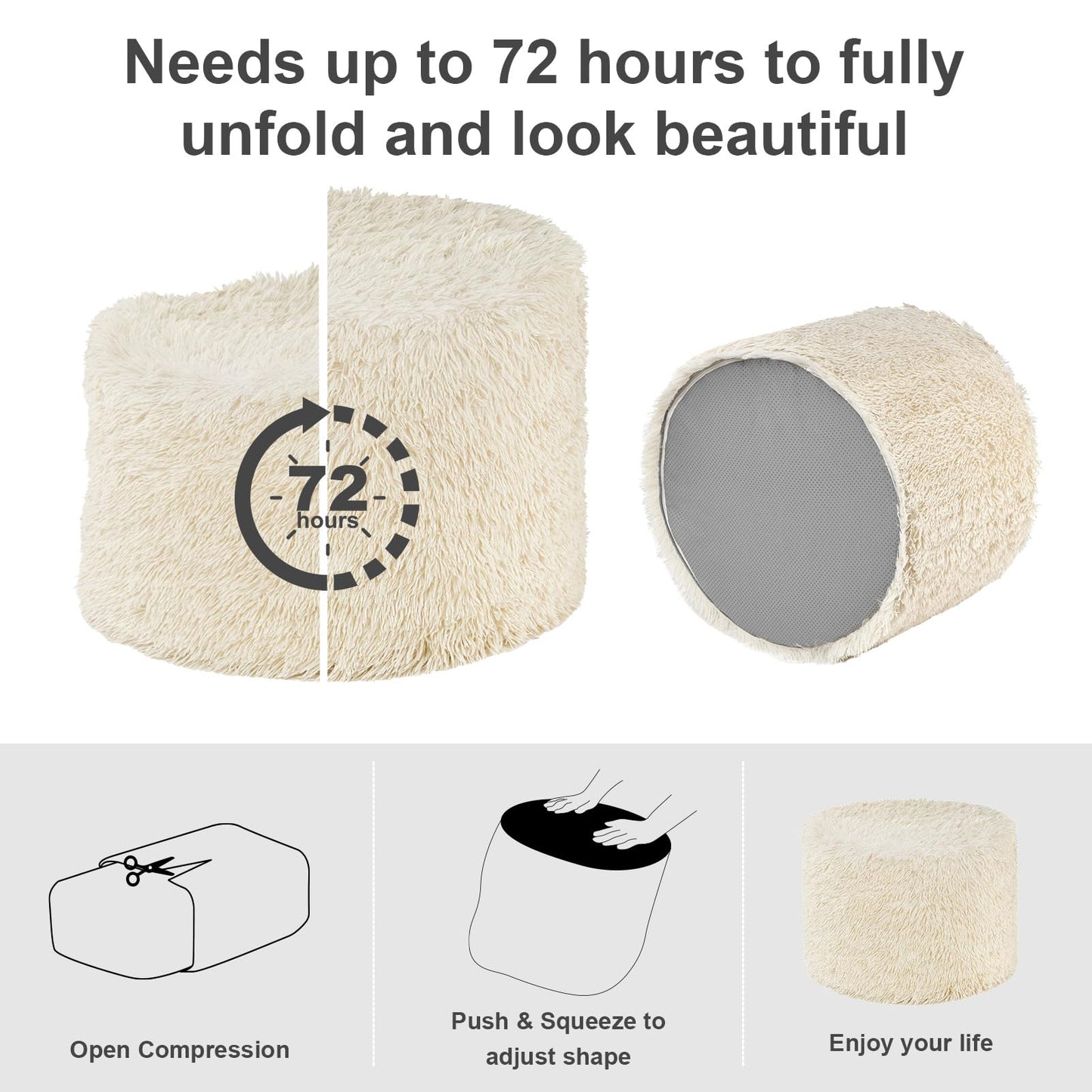 Hansleep Round Pouf Ottoman Foot Rest, 17 x 14 Small Faux Fur Stuffed Pouf for Chair, Foam Filled Foot Stools Ottomans for Living Room, Beige