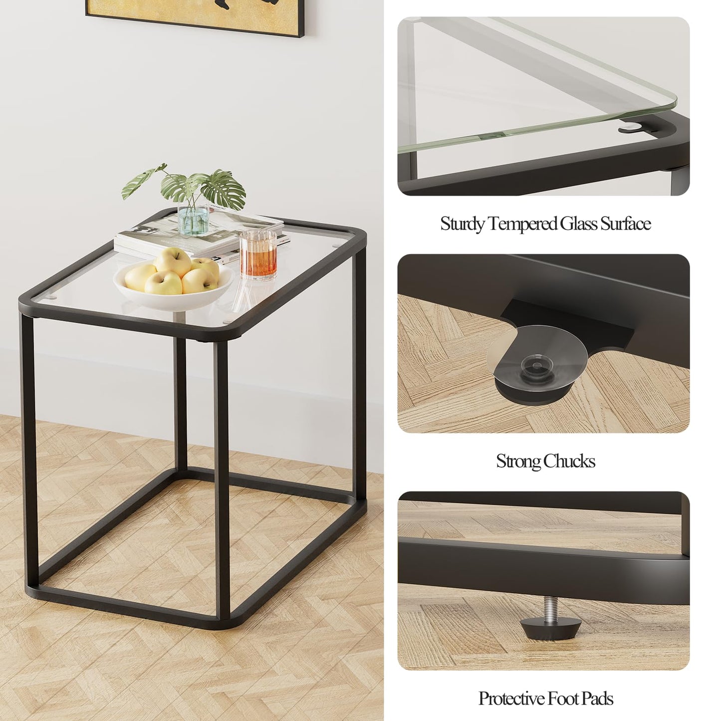 Garden 4 you Glass Side Table, Rectangle End Table with Metal Frame, Modern Bedside Table for Office, Bedroom, Living Room, Study, Small Spaces,Easy Assembly,23.6x15.7x20.8 Inches,Black