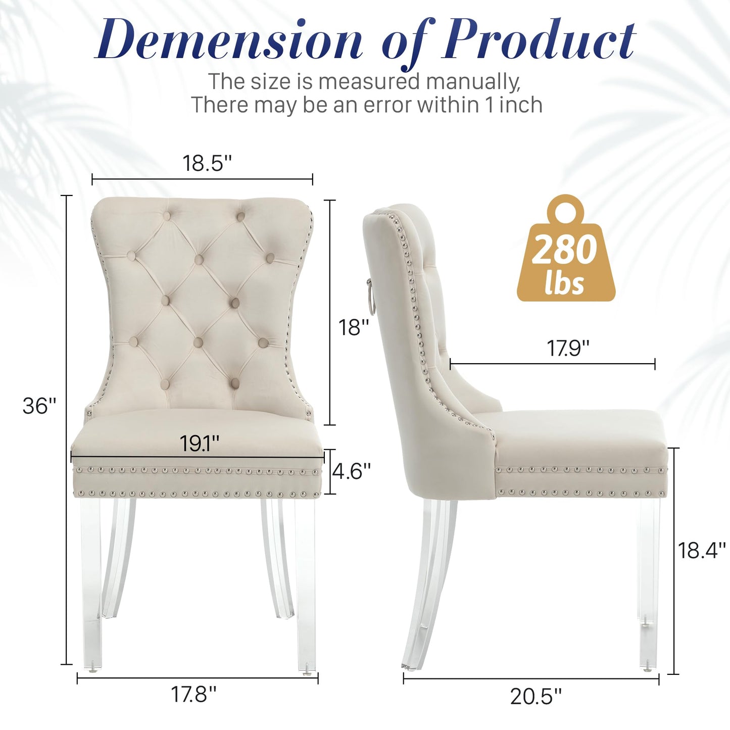 KCC Velvet Dining Chairs Set of 4, Upholstered Tufted Wingback Dining Room Chair with Nailhead Back Ring Pull Trim Solid Acrylic Legs, Contemporary Nikki Collection Style for Kitchen, Beige