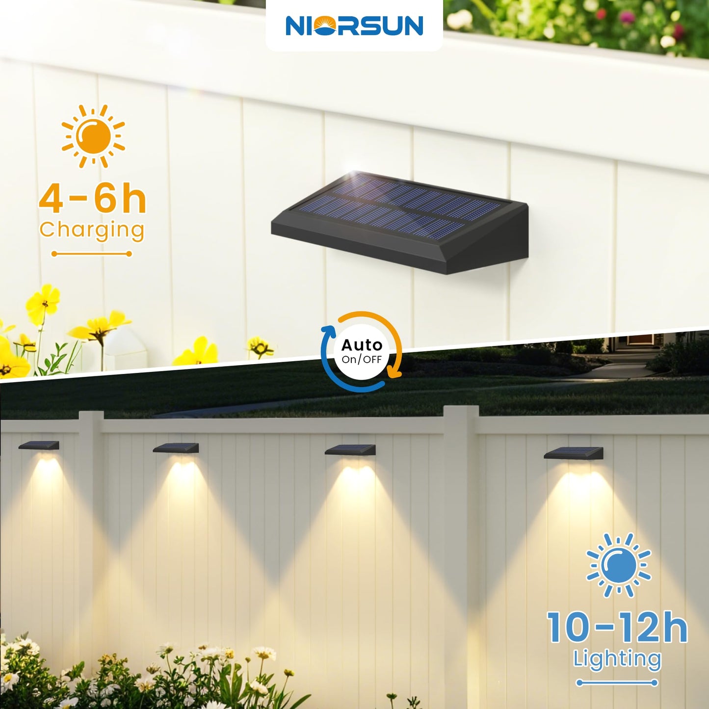 NIORSUN Solar Fence Lights 12 Pack, 3000K Warm White with 4 Spot Lenses, 100 Lumens Wider Coverage, IP65 Waterproof, Auto On/Off, Peel and Stick for Fence, Deck, Wall, Garden