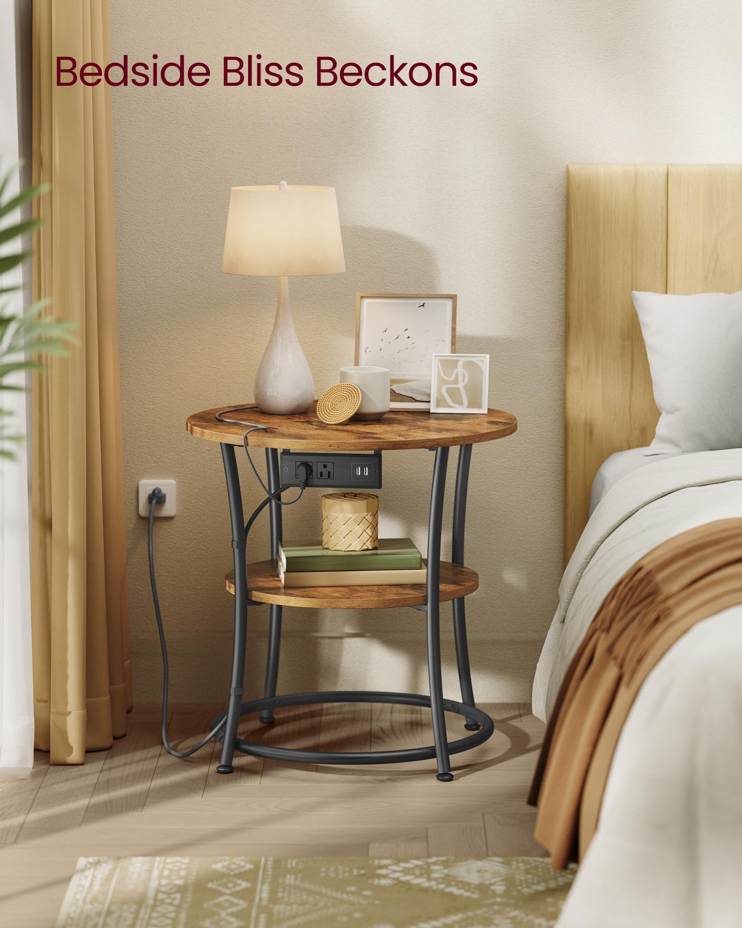 VASAGLE Side Table, 2-Tier Round End Table with Power Outlets, Nightstand with Steel Frame for Small Spaces, Living Room, Bedroom, Rustic Brown and Ink Black ULET077K01