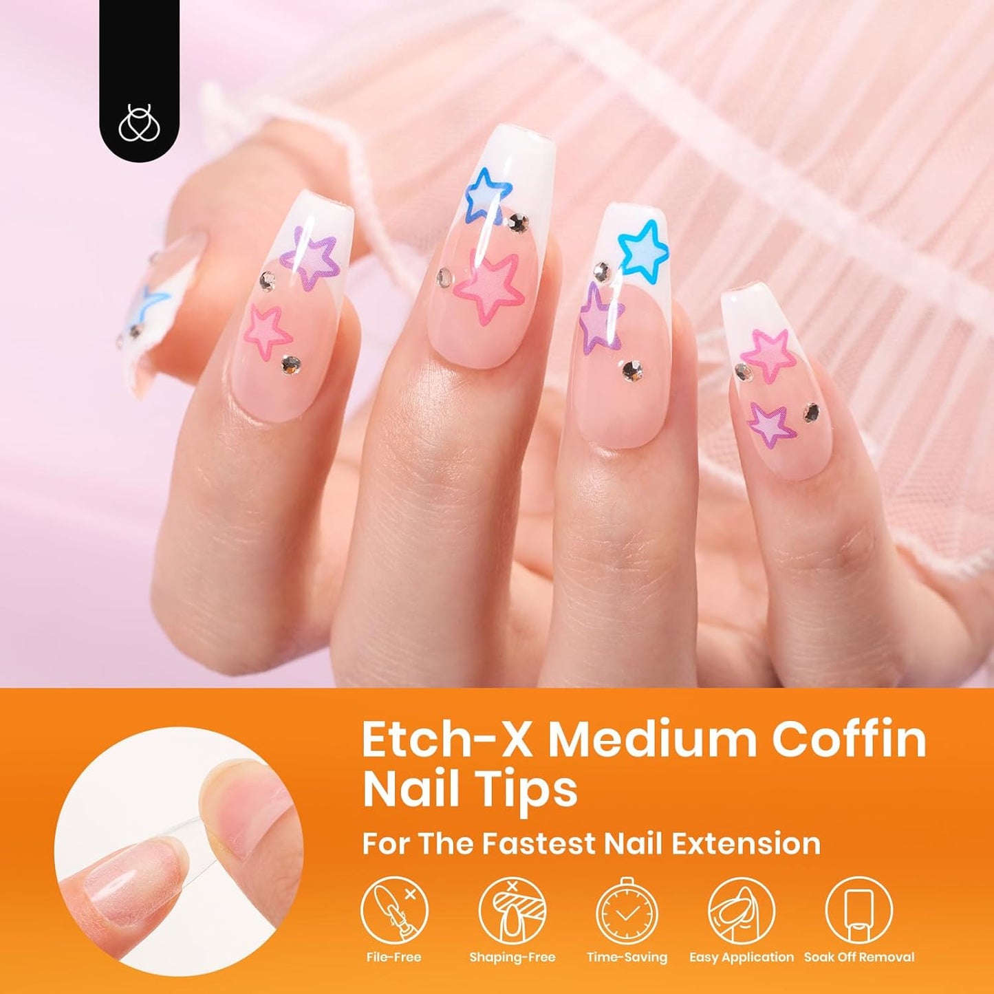 Beetles Gel Nail Tips Medium Coffin Etch X Nail Tips, 12 Sizes 288Pcs Pre Shaped Half Matte Press On Nails Full Cover False Nails for Pastel Spring Nails Acrylic Fake Nails Nail Extensions Kit