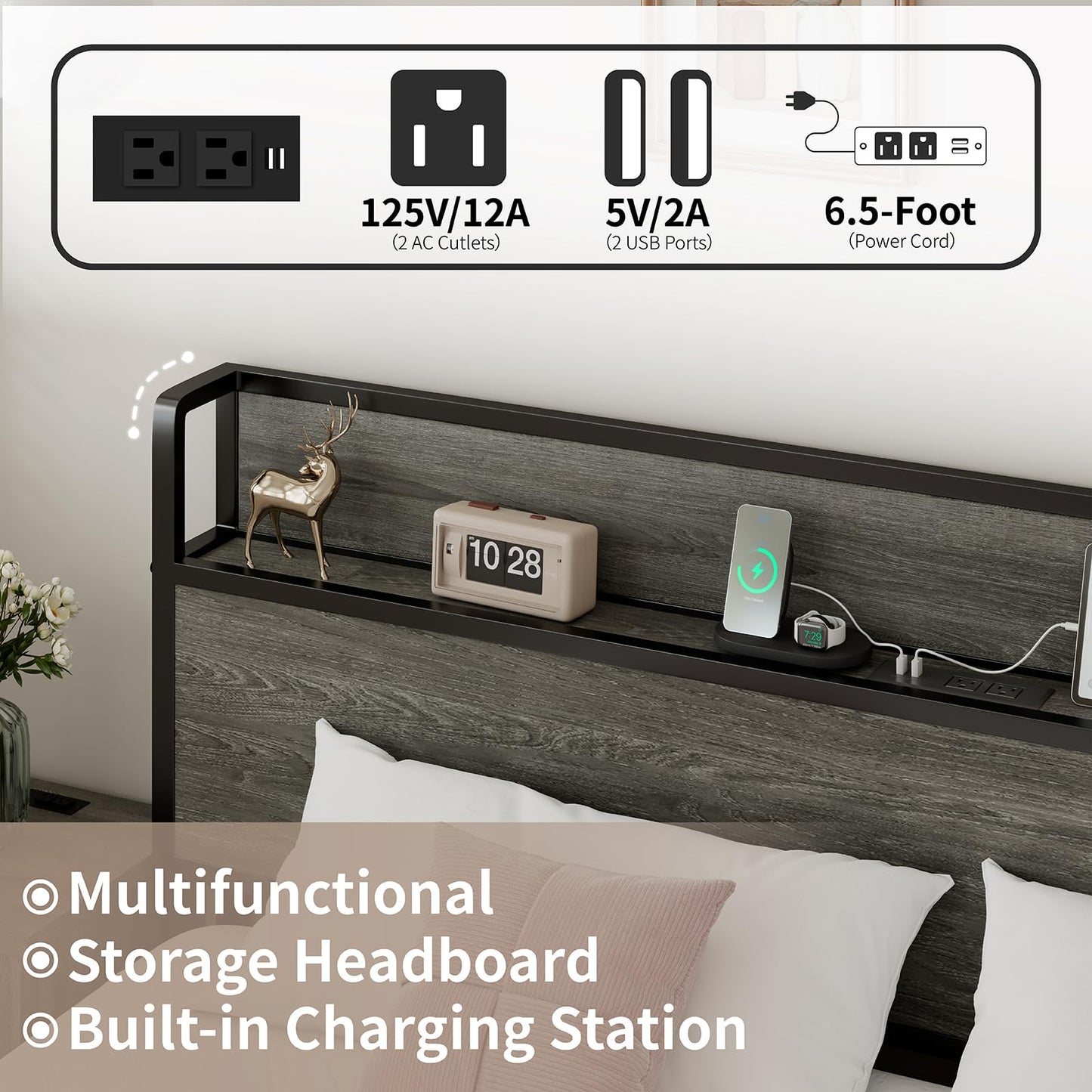 LUXOAK 3 Pieces Bedroom Sets, Includes Full Size Lift Up Storage Bed with Storage Headboard & Charging Station, 2 Drawers Farmhouse Nightstand Set of 2 with Charging Station, Rustic Grey