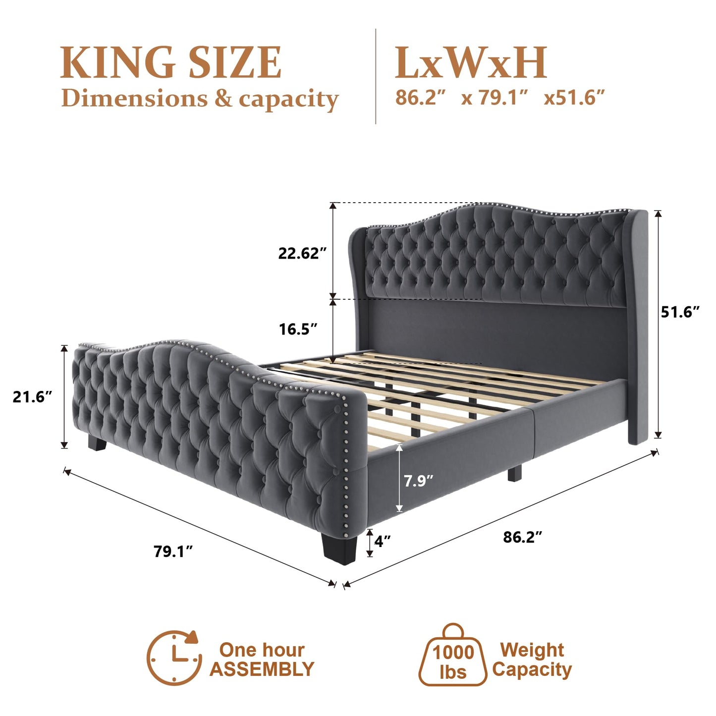 King Size Bed Frame with 51-inch Tall Camelback Headboard, Velvet Upholstered Platform Bed with Deep Button Tufted Footboard & Nailhead Trim Wingback Grey