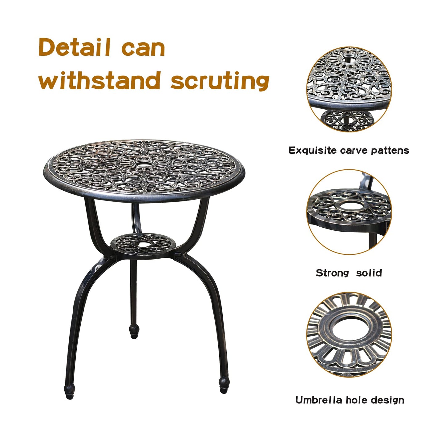 JARDIN DE CENTENNIAL Patio Bistro Set.Rust-Resistant Cast Aluminum Bistro Table Set with Umbrella Hole for Backyard (Crown Copper)