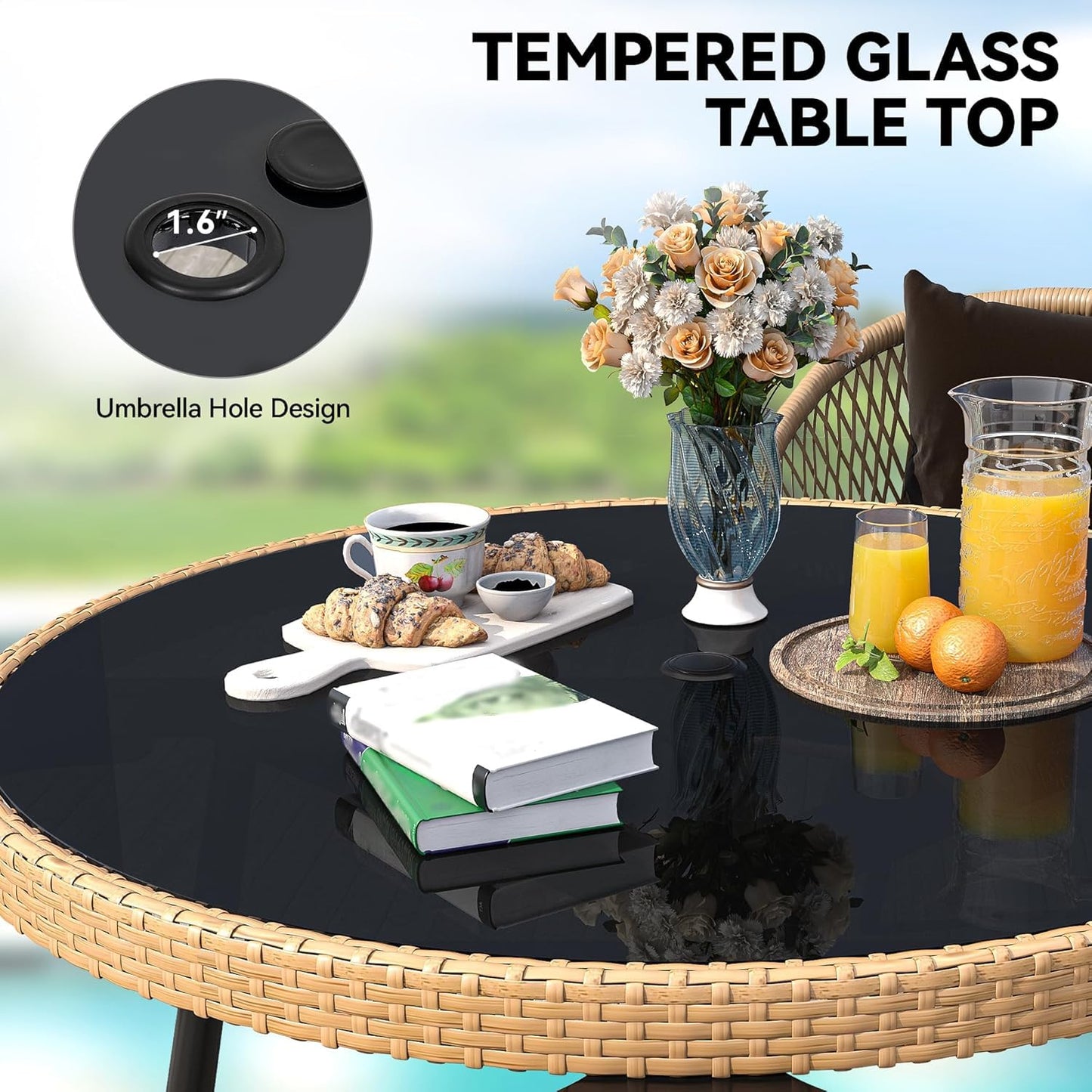 YITAHOME 5 Piece Outdoor Dining Set w/Padded Cushions, Round Patio Table and Chairs with 4 Rattan Chairs, Glass Top Dining Table & Cup Holders for Patio, Backyard, Garden, Porch, Light Brown & Black