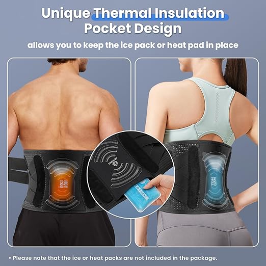 Back Brace for Men Women Lower Back Pain Relief with 7 Stays, Adjustable Support Weight Belt for Herniated Disc, Sciatica, Scoliosis, Breathable Lumbar Support Brace with Hot &Cold Pad Therapy Pocket (M (Waist 39''-55''))