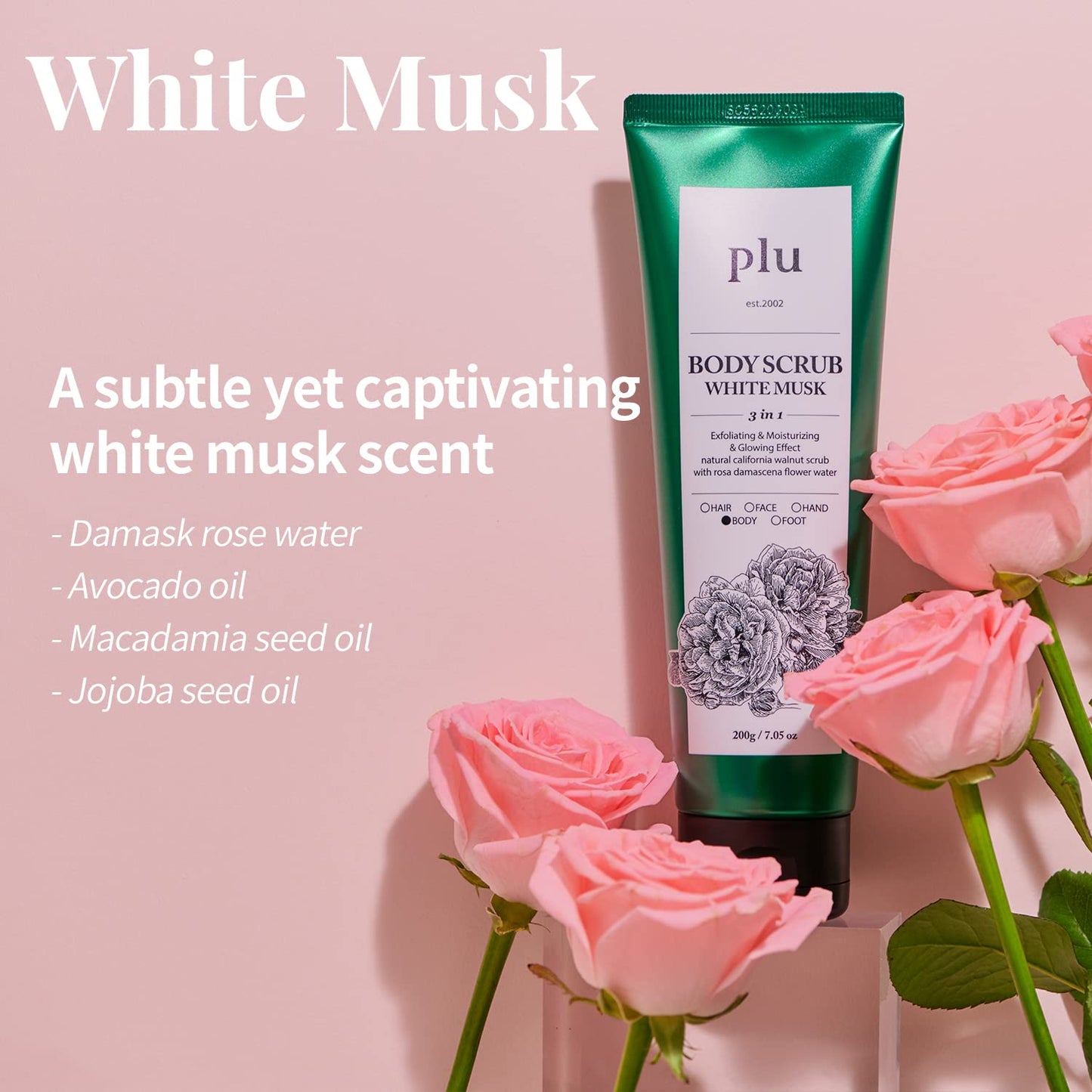 PLU Original Korean Walnut Body Scrub Polish - White Musk - Exfoliating & Moisturizing & Glow - for Acne, Cellulite, Stretch Marks, Spider Veins - Soft Musk Scent, 6.76 oz.