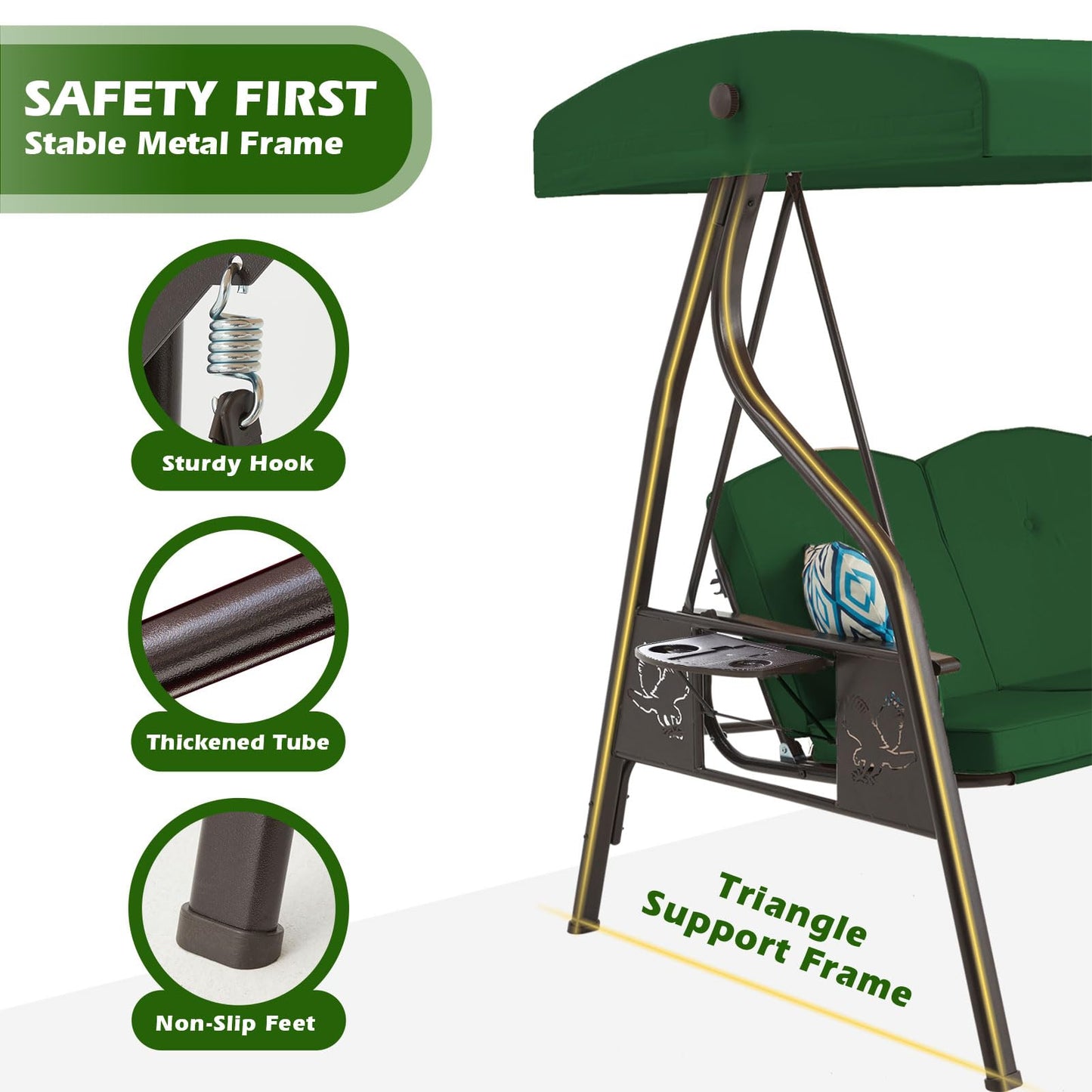 ZZW 3-Seat Outdoor Porch Swing with Stand Patio Swing with Canopy 2 in 1 Porch Swing Bed & Patio Swing Chair for Adult w/Extra Pillows and Cup Holder for Yard(Green)