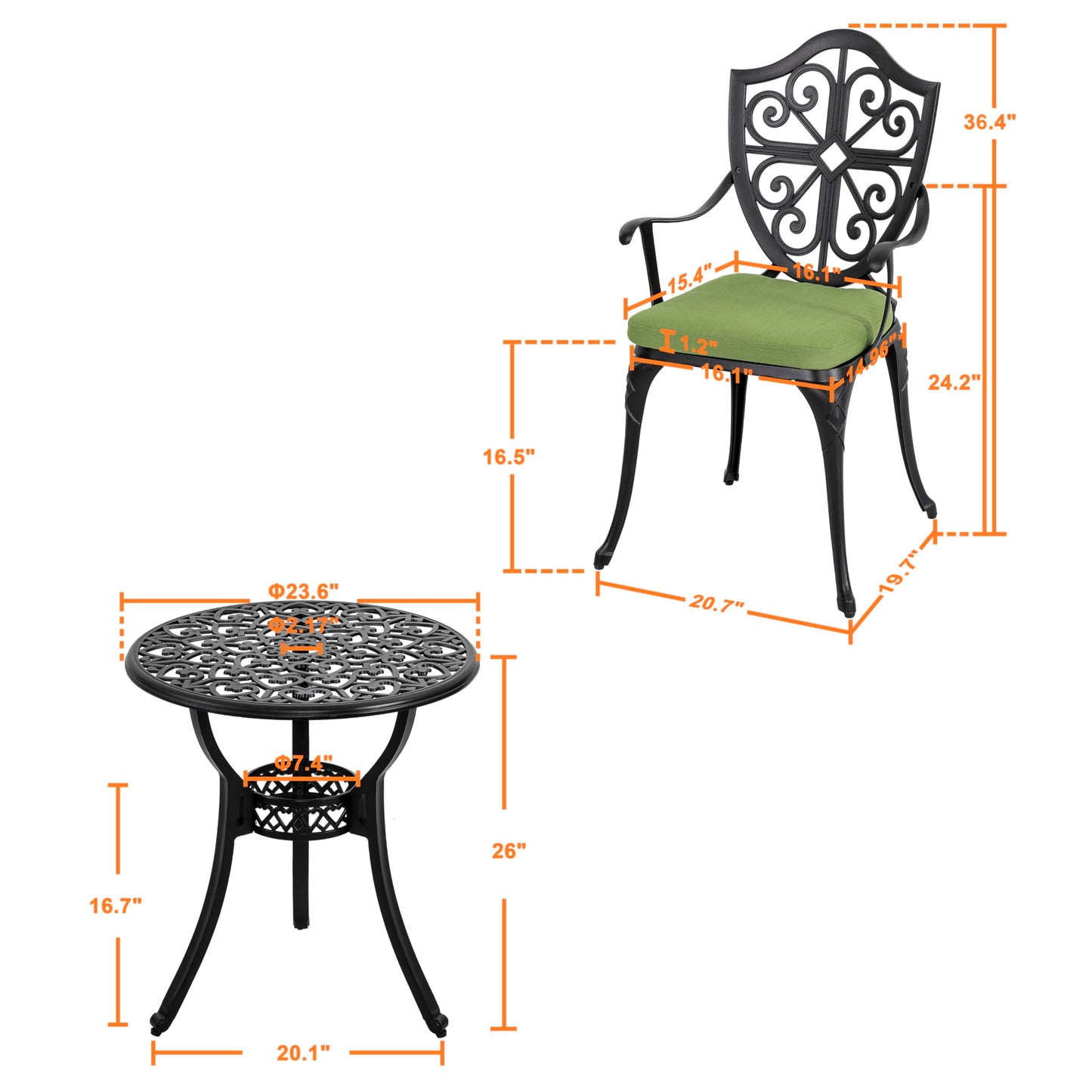 NUU GARDEN 3 Piece Outdoor Bistro Set Cast Aluminum Patio Set Bistro Table Set Rustproof Patio Table and Chairs with Umbrella Hole and Green Cushions for Backyard, Balcony, Porch, Black