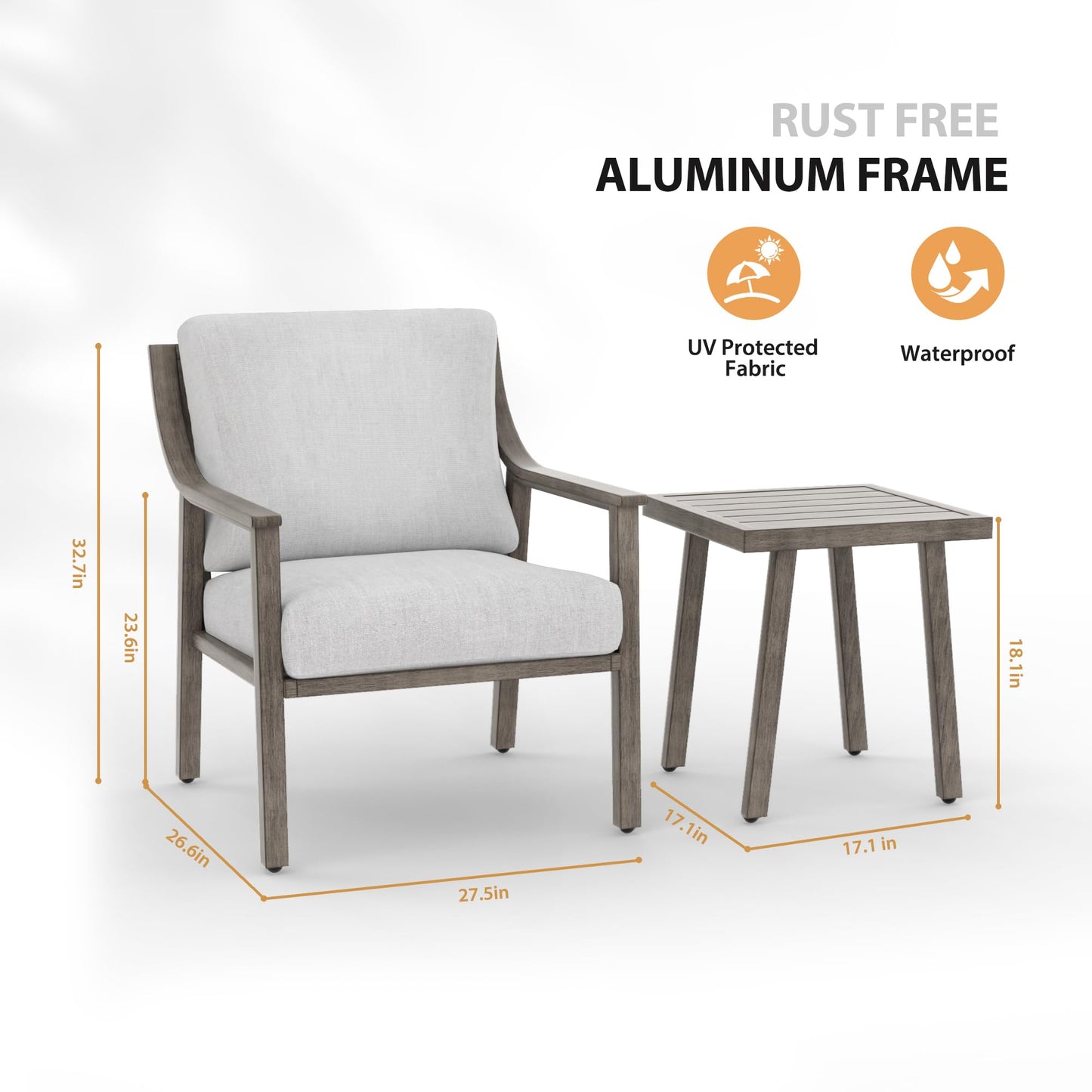 HAPPATIO 3-Piece Patio Bistro Set, All-Weather Aluminum Outdoor Conversation Set Includes 1 Side Table and 2 Cushioned Armchairs for Porch, Deck, or Garden (Grey)