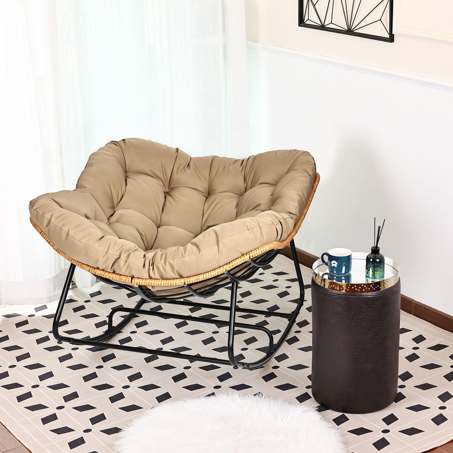 knocetx Papasan Chair, Outdoor Rocking Chair with Cushion, 450LB Heavy Duty Egg Chair, Indoor Outdoor Patio Rocking Chairs for Balcony, Porch, Living Room, Bedroom, Lawn, Garden (Coffee)