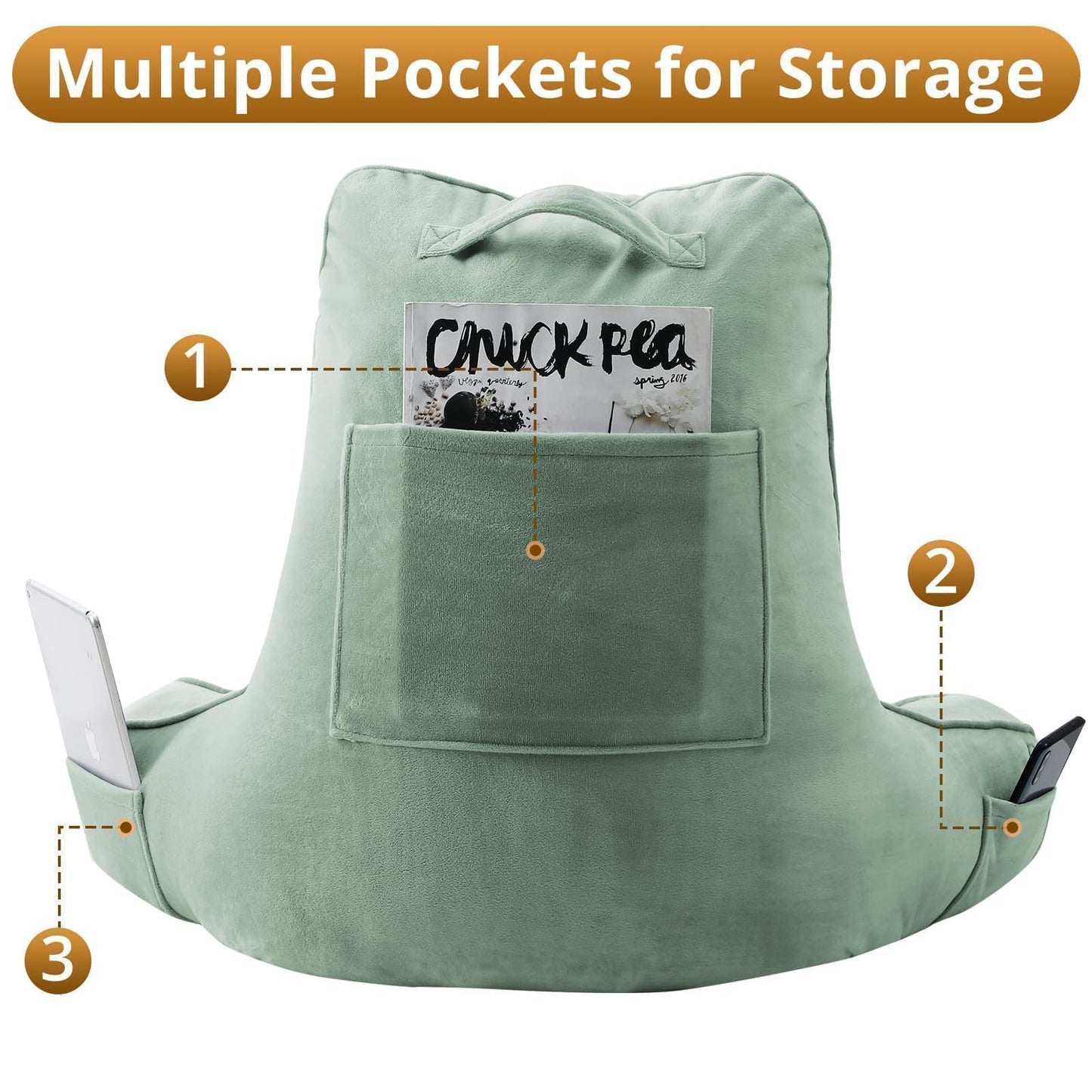 Sasttie Reading Pillow for Bed - 23 Inch, Back Pillow for Bed Sitting Up, Back-Rest Support Cushion with Side Pockets and Arms, Dorm Essentials, Oeko-Tex Certified, Sage