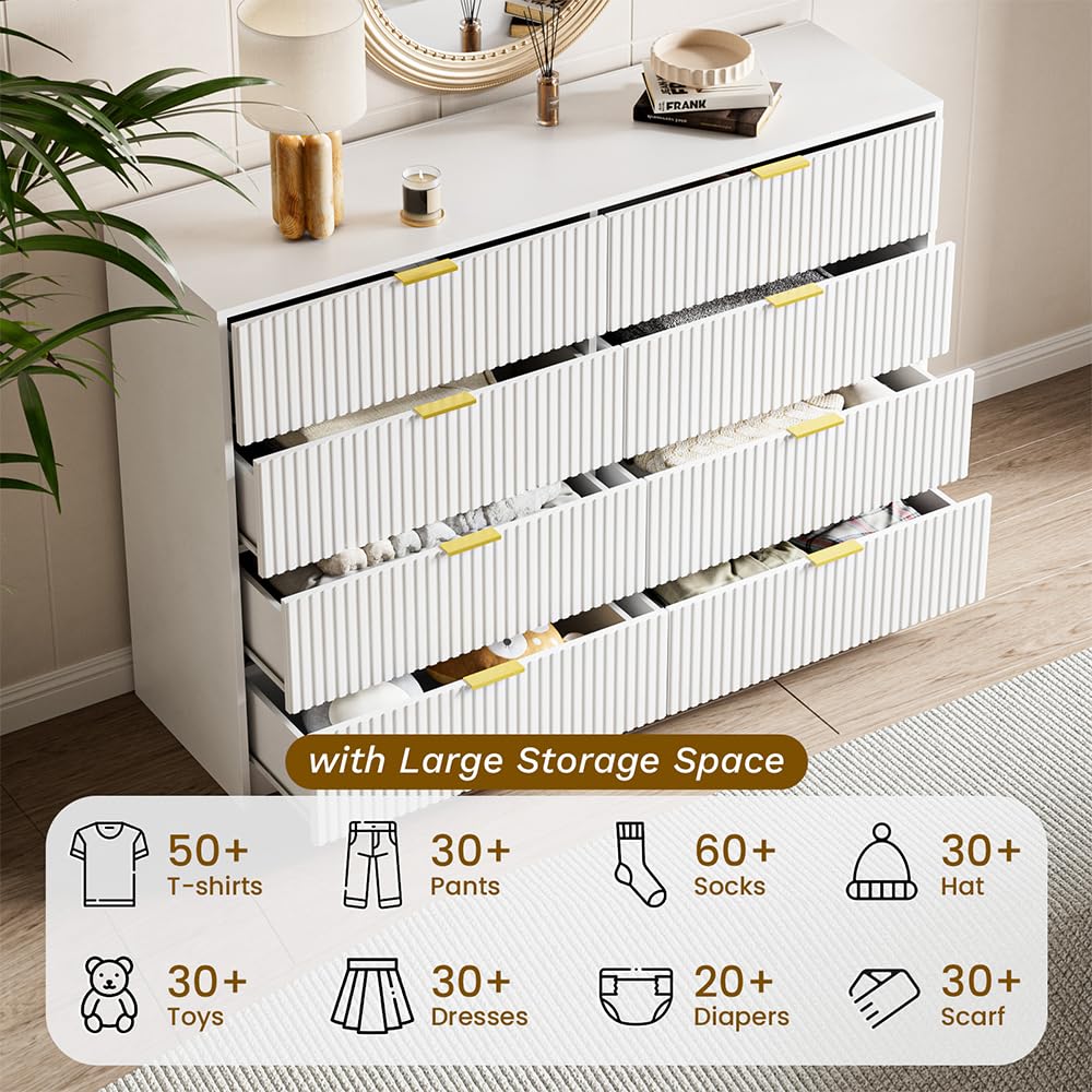 MAISONARIA White Dresser for Bedroom, 8 Drawer Double Dresser, Modern Chest of Drawers for Bedroom, Living Room, Entryway and Closet, 55" L x 15.7" D x 37.4" H