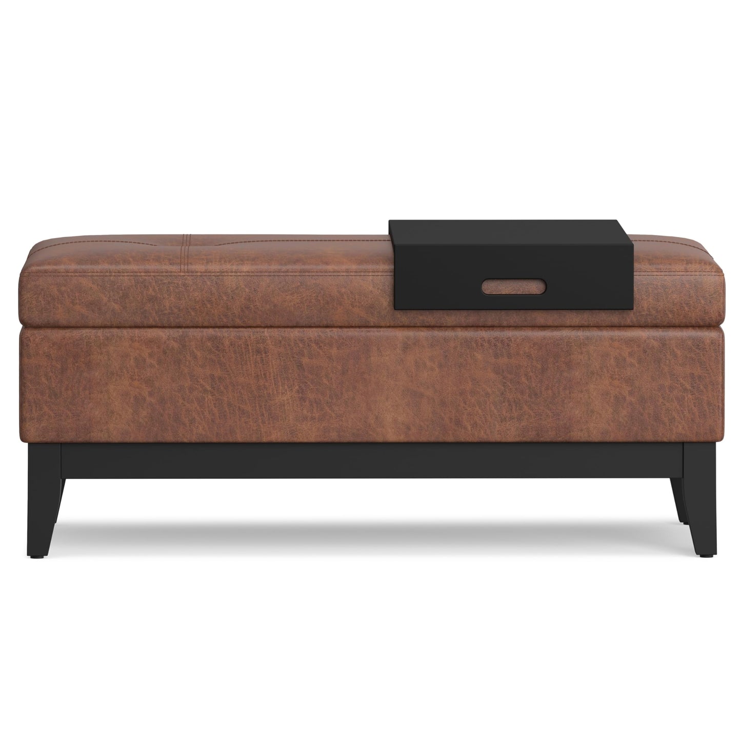 SIMPLIHOME Oregon 42 inch Wide Transitional Rectangle Storage Ottoman Bench with Tray in Distressed Saddle Brown Vegan Faux Leather, Assembled, For the Living Room, Entryway and Family Room