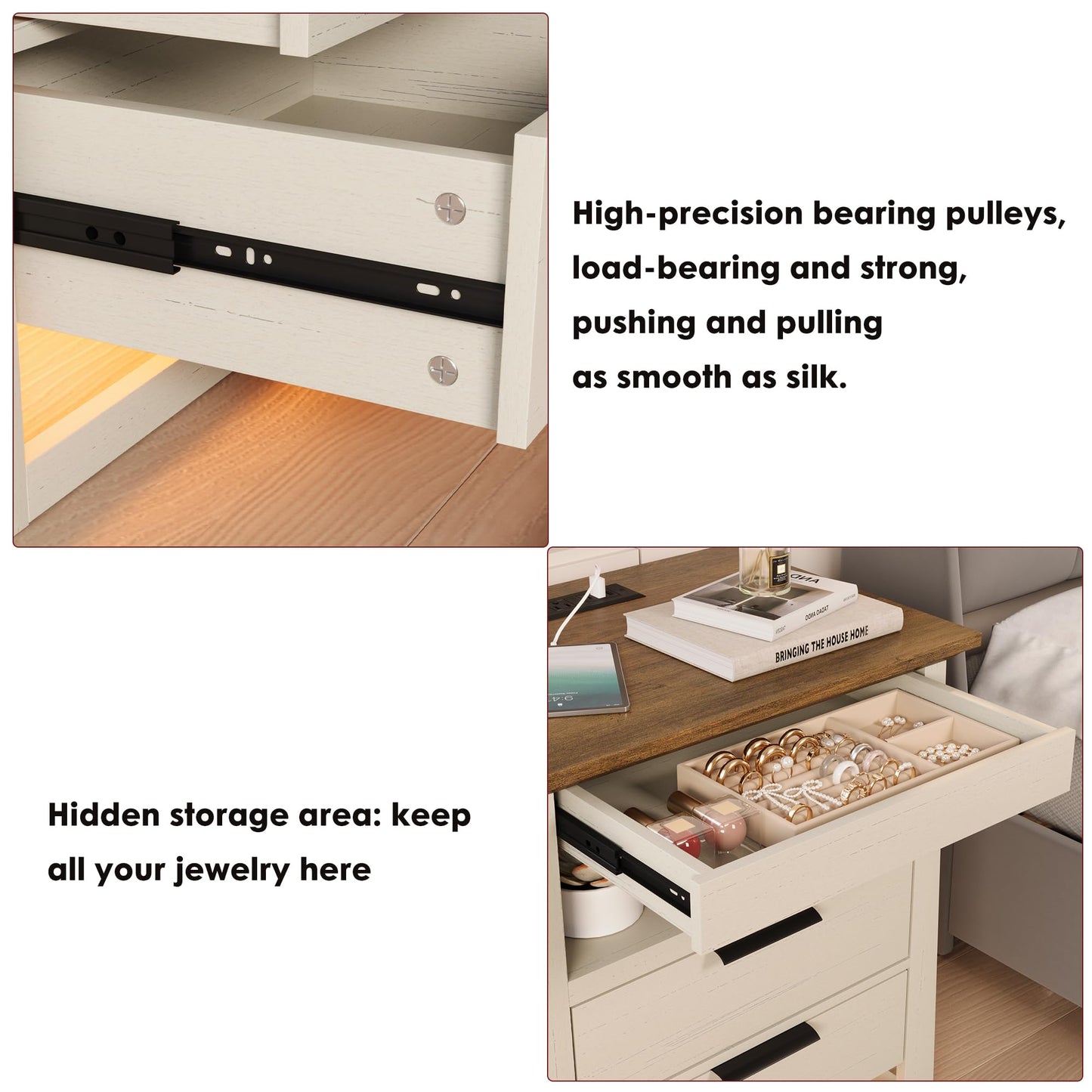 Rresyet Nightstand with Sensor LED Light and Charging Station, 24" Tall End Table with 3 Drawers, Modern Night Stand with Storage, Wooden Bedside Table for Bedroom. (White)